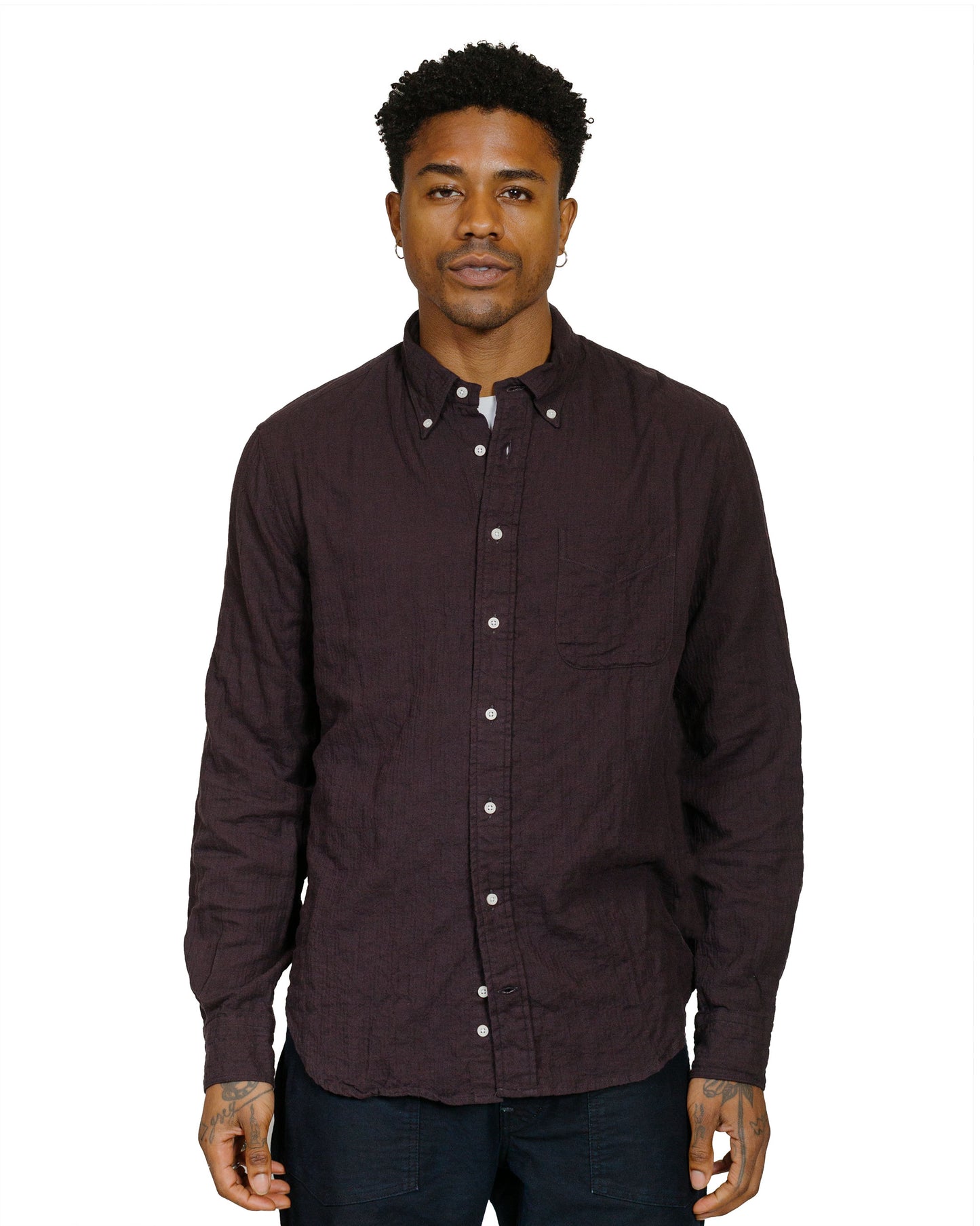 Gitman Vintage Bros. Brown Brushed Winter Seersucker Shirt model front