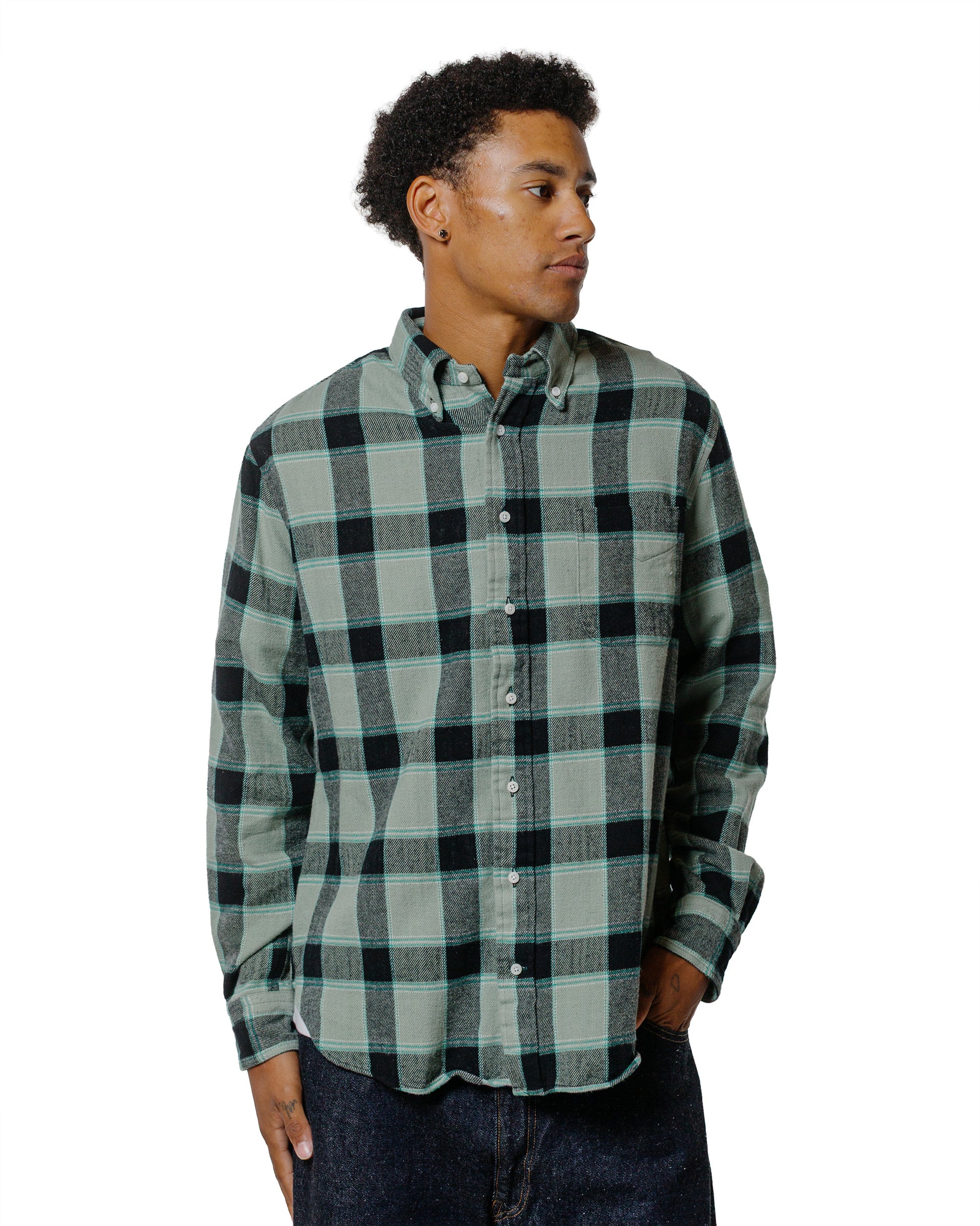Gitman Vintage Bros. Celeste GreenBlack Brushed Winter Madras Shirt
