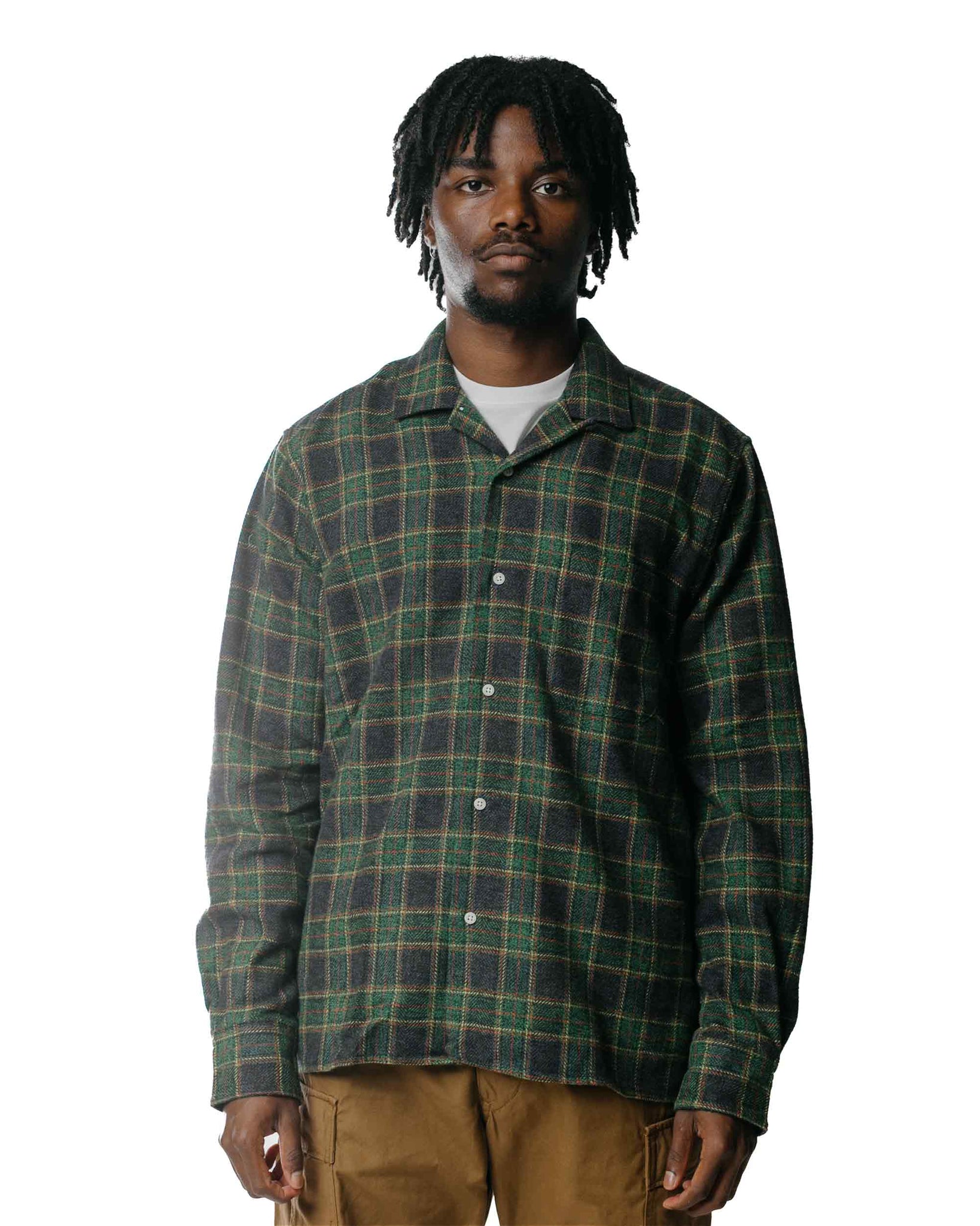 Gitman Vintage Bros. Green Cotton Tweed Check Camp Shirt Model Front