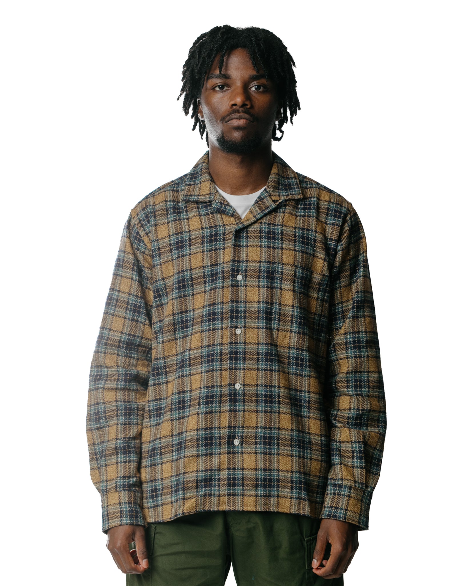 Gitman Vintage Bros. Tan Cotton Tweed Check Camp Shirt Model Front