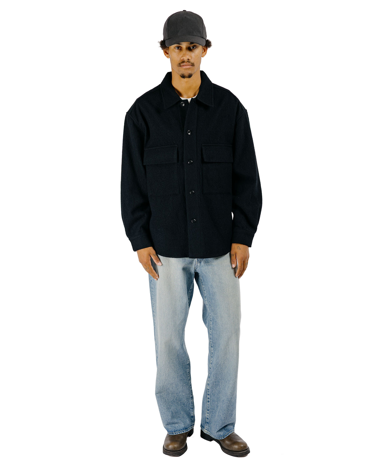 James Coward Double Pocket Overshirt Piece Dyed Wool Twill Black