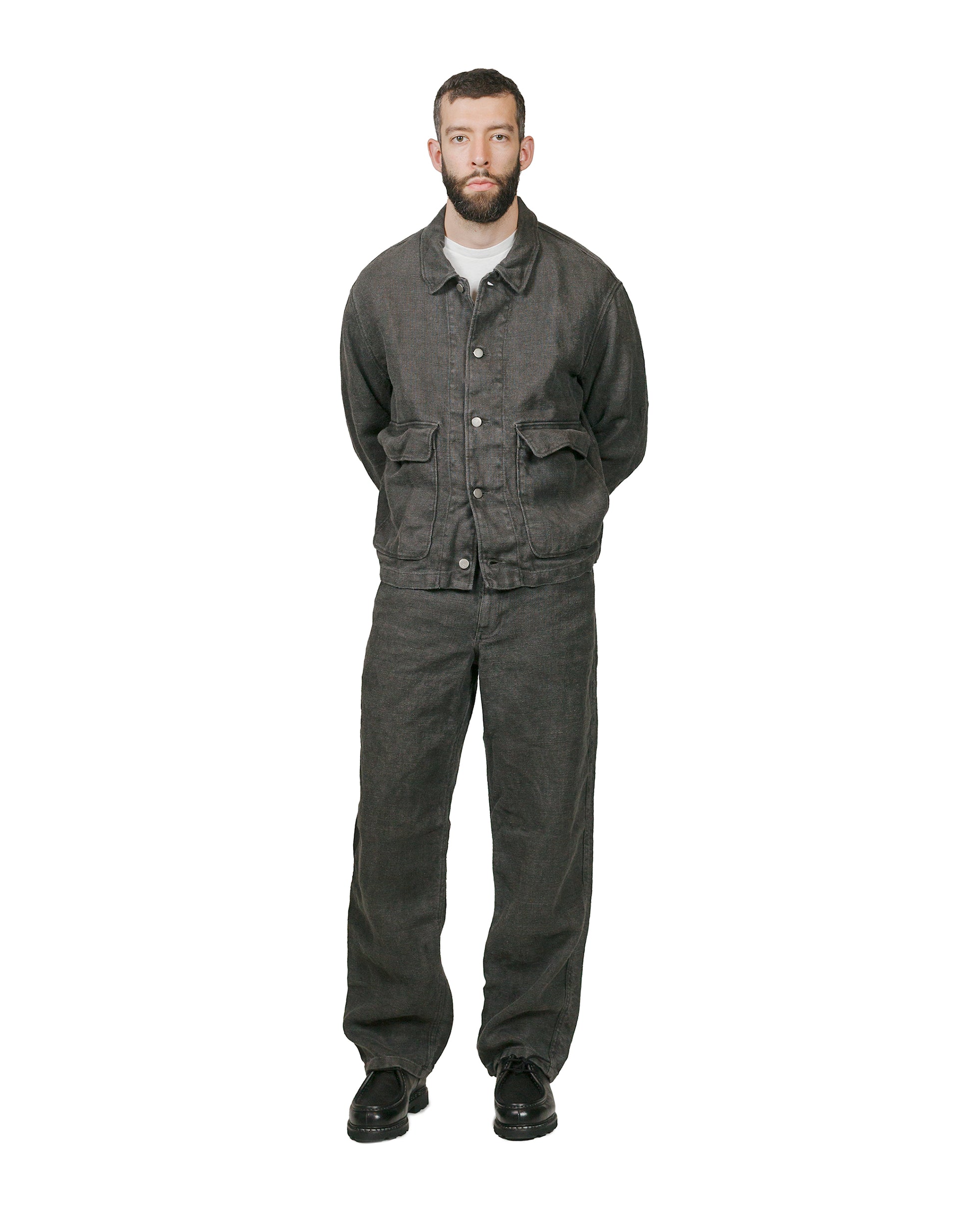 James Coward Set Up Pants Overdyed Charcoal Belgian Linenmodel full