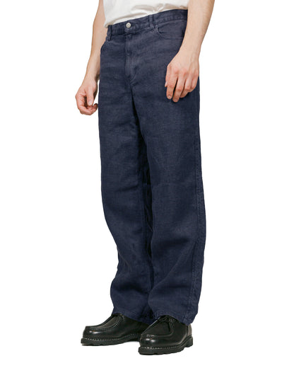 James Coward Set Up Pants Overdyed Indigo Belgian Linen model front
