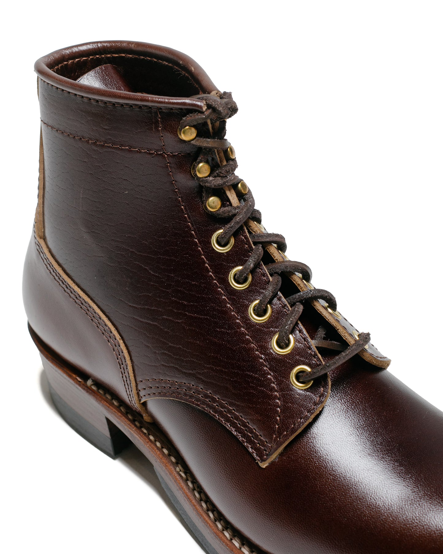 John Lofgren Bootmaker Steel Gang Boots Shinki Hikaku Horsebutt Dark Brown close