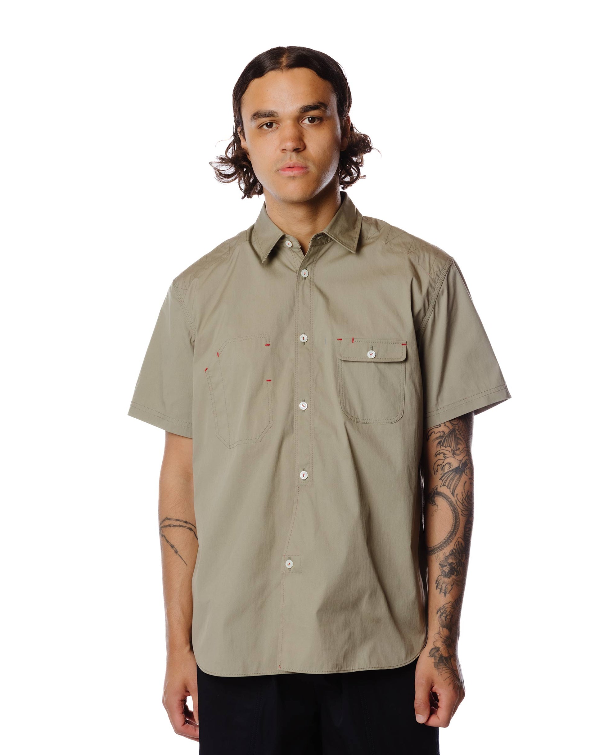 Junya Watanabe MAN Cotton Nylon Work Shirt Khaki Model Detail