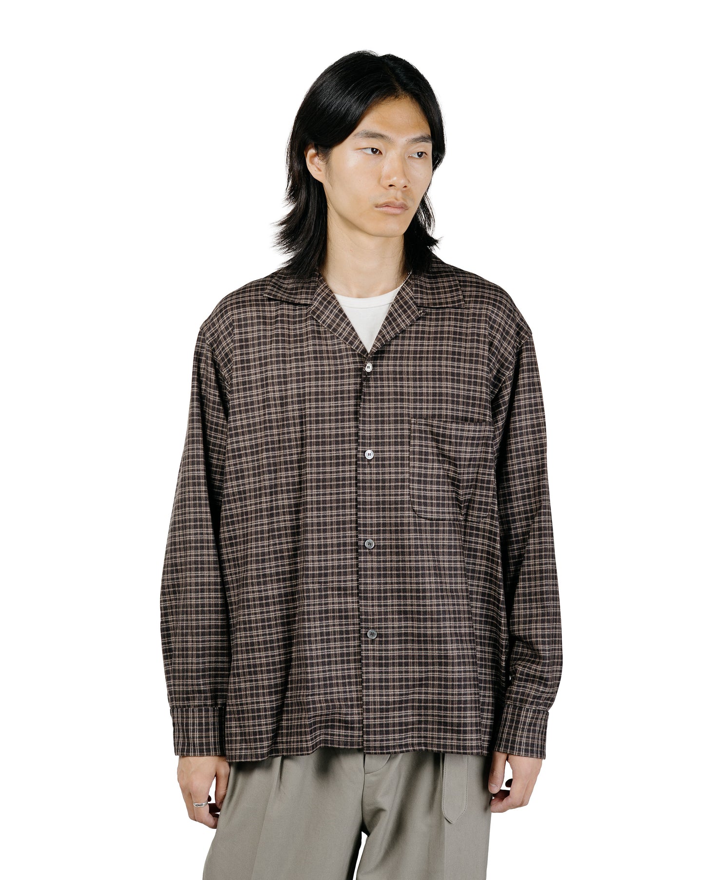 KAPTAIN SUNSHINE Wool Plaid Open Collar Shirt Brown