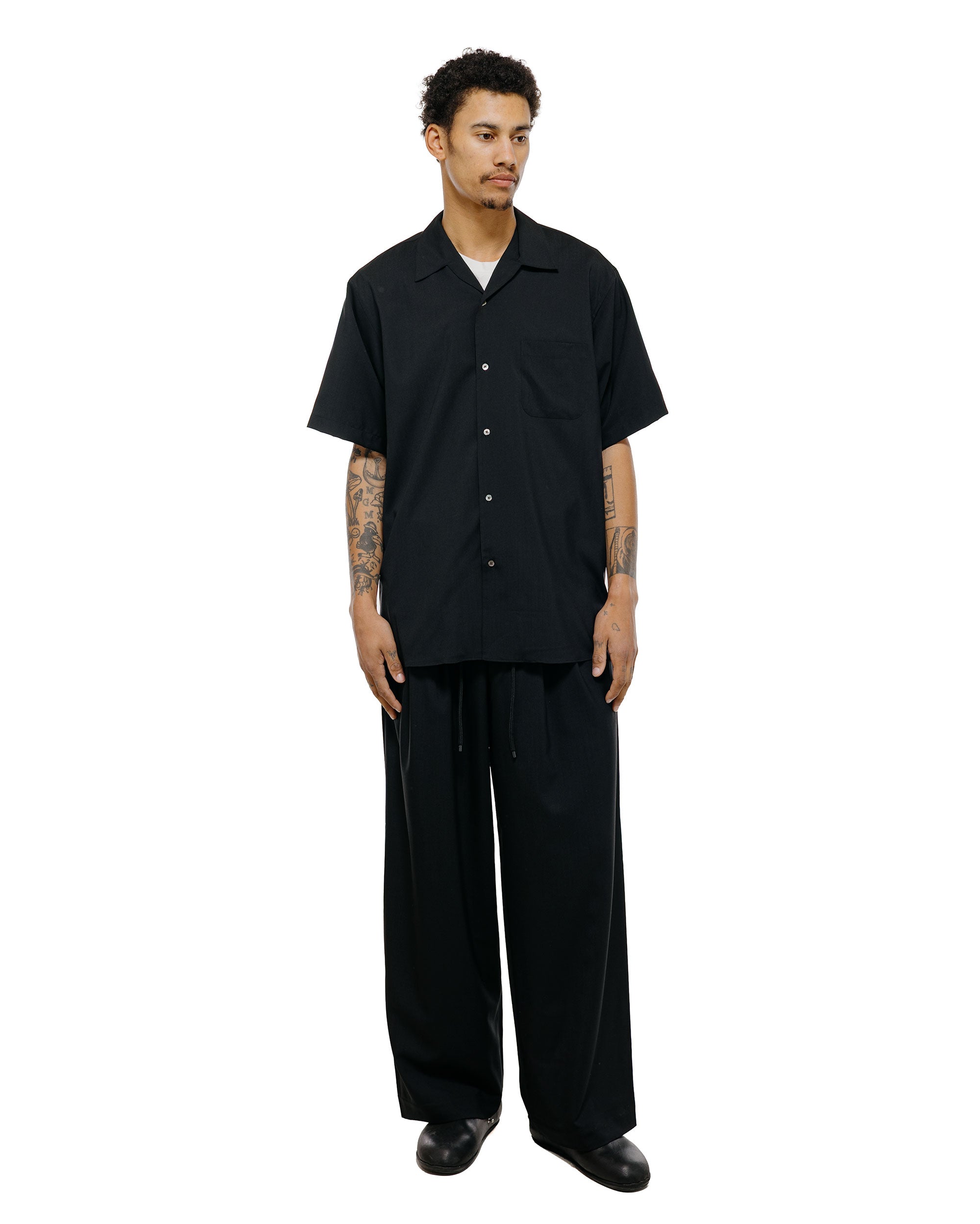 MARKAWARE Italian Open Collar S/S Shirt Organic Wool 2/80 Tropical Bla