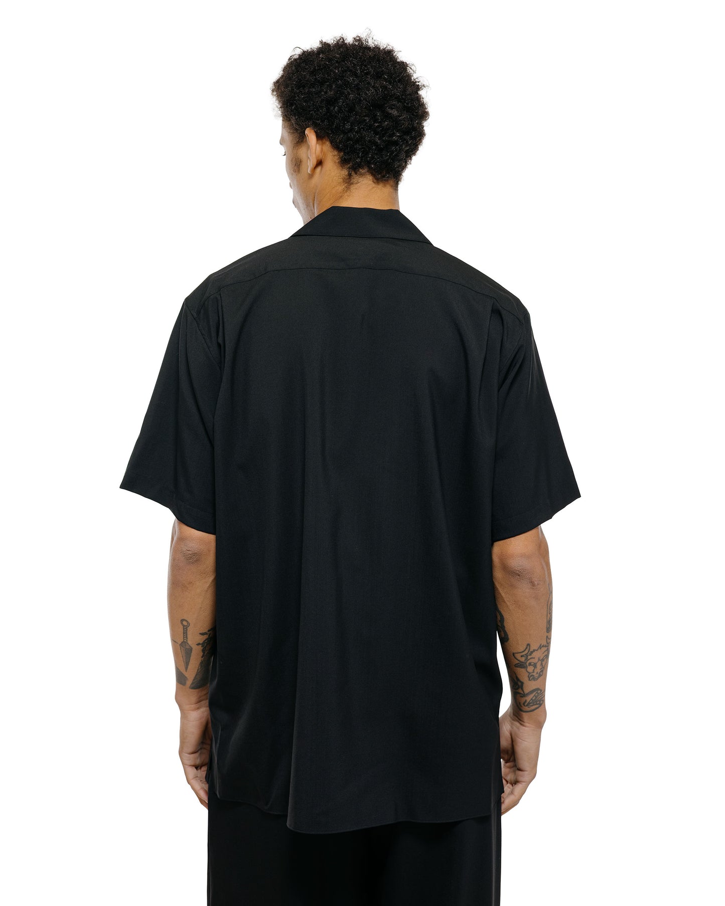 MARKAWARE Italian Open Collar S/S Shirt Organic Wool 2/80 Tropical Black