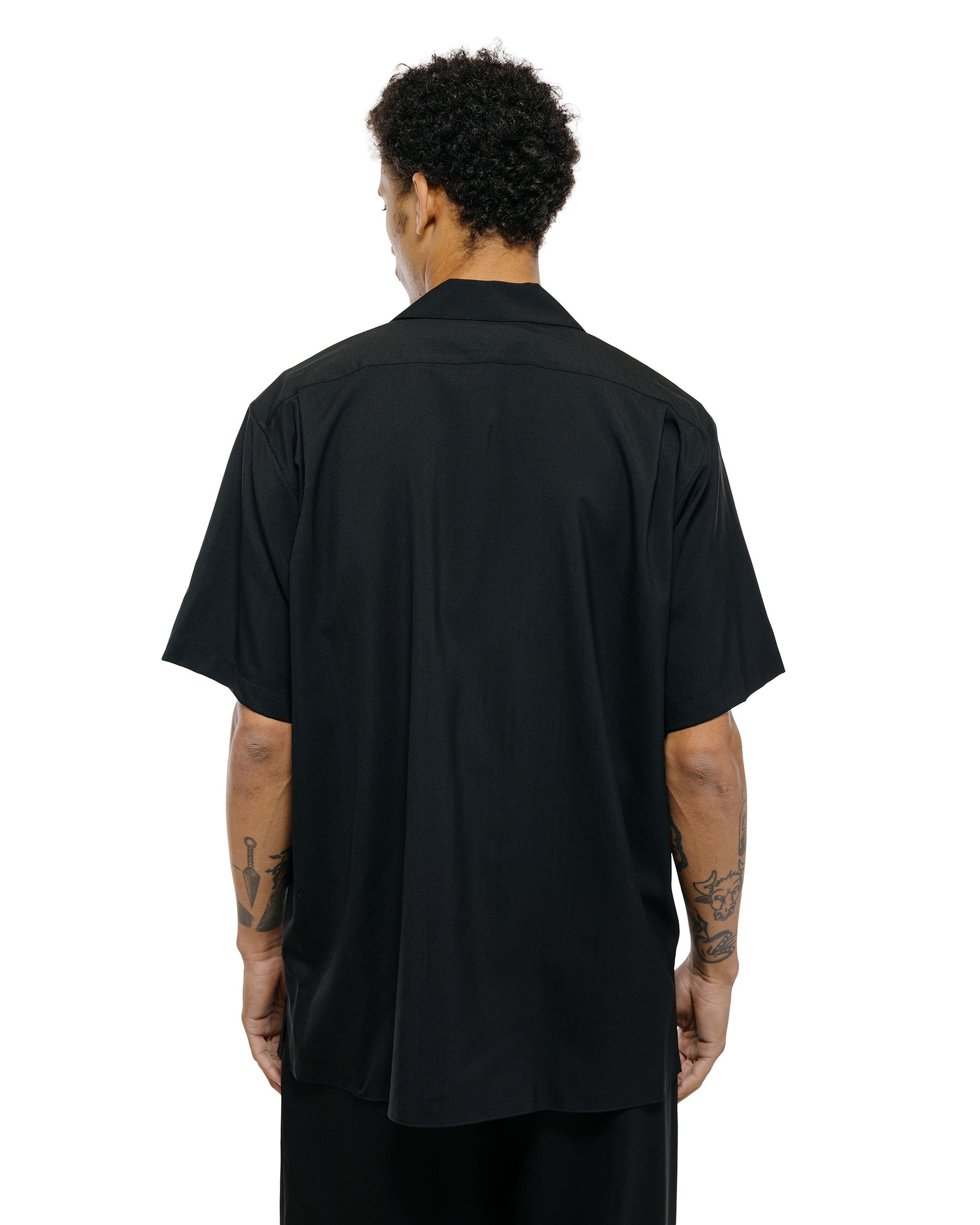 MARKAWARE Italian Open Collar S/S Shirt Organic Wool 2/80 Tropical Black