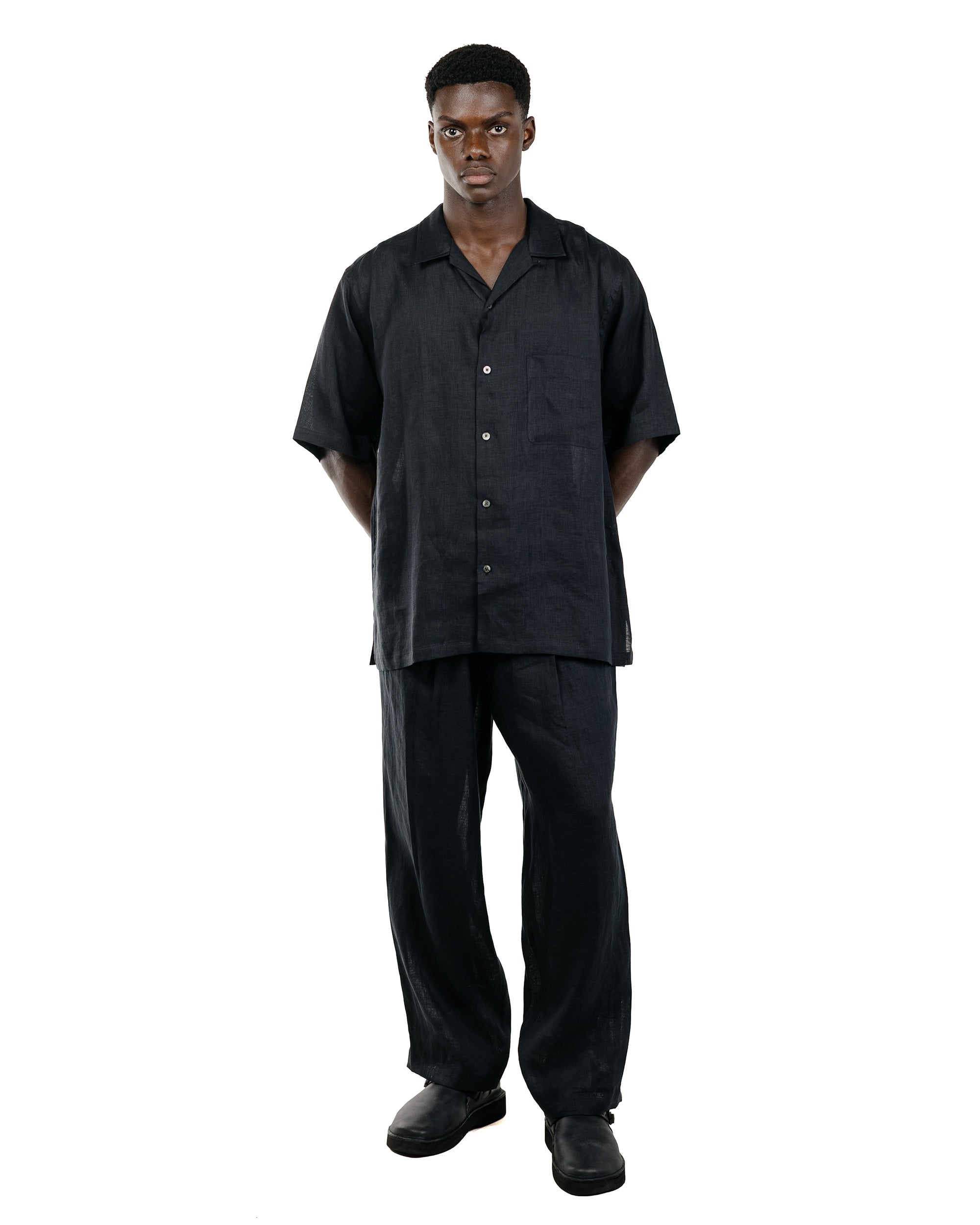 MARKAWARE New Open Collar S/S Shirt Hemp Shirting Black