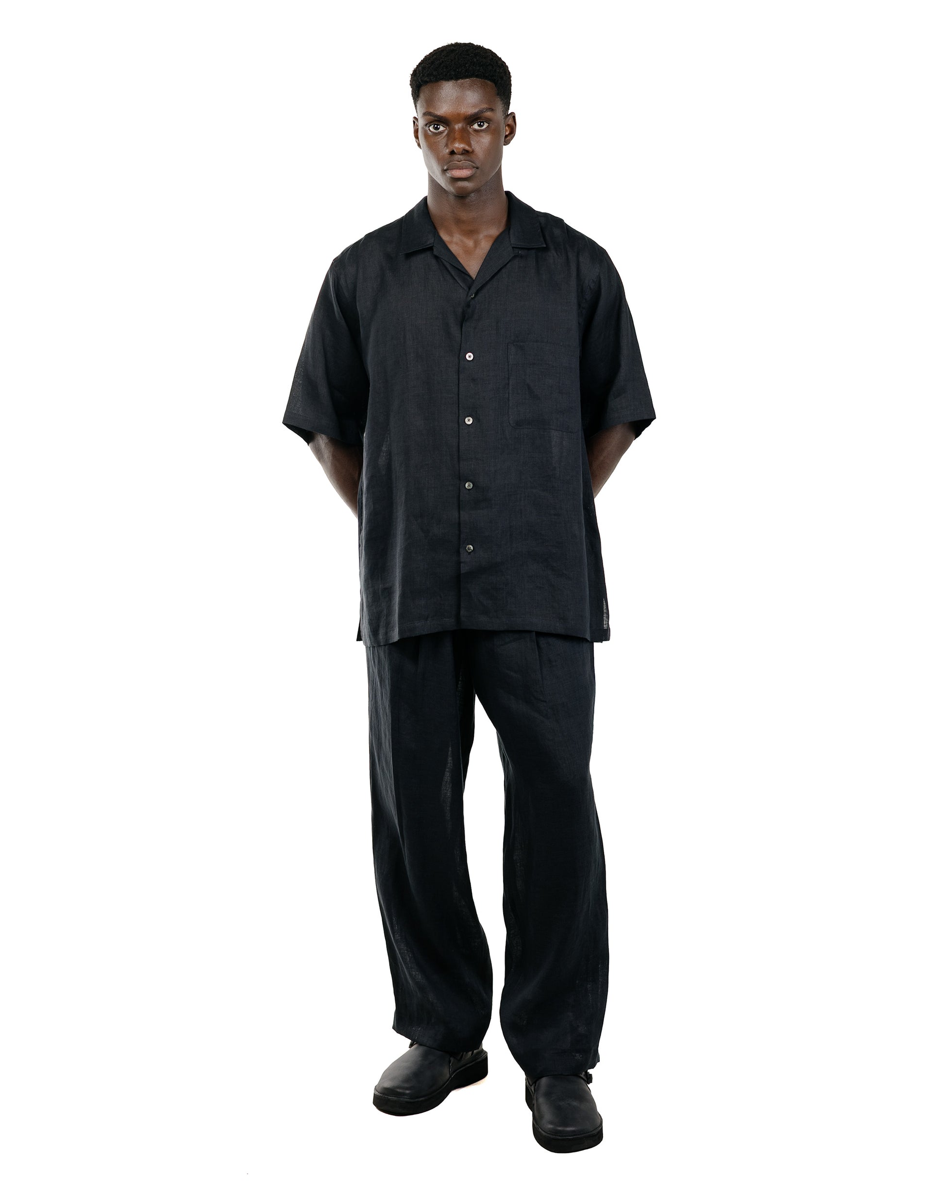 MARKAWARE New Open Collar S/S Shirt Hemp Shirting Black