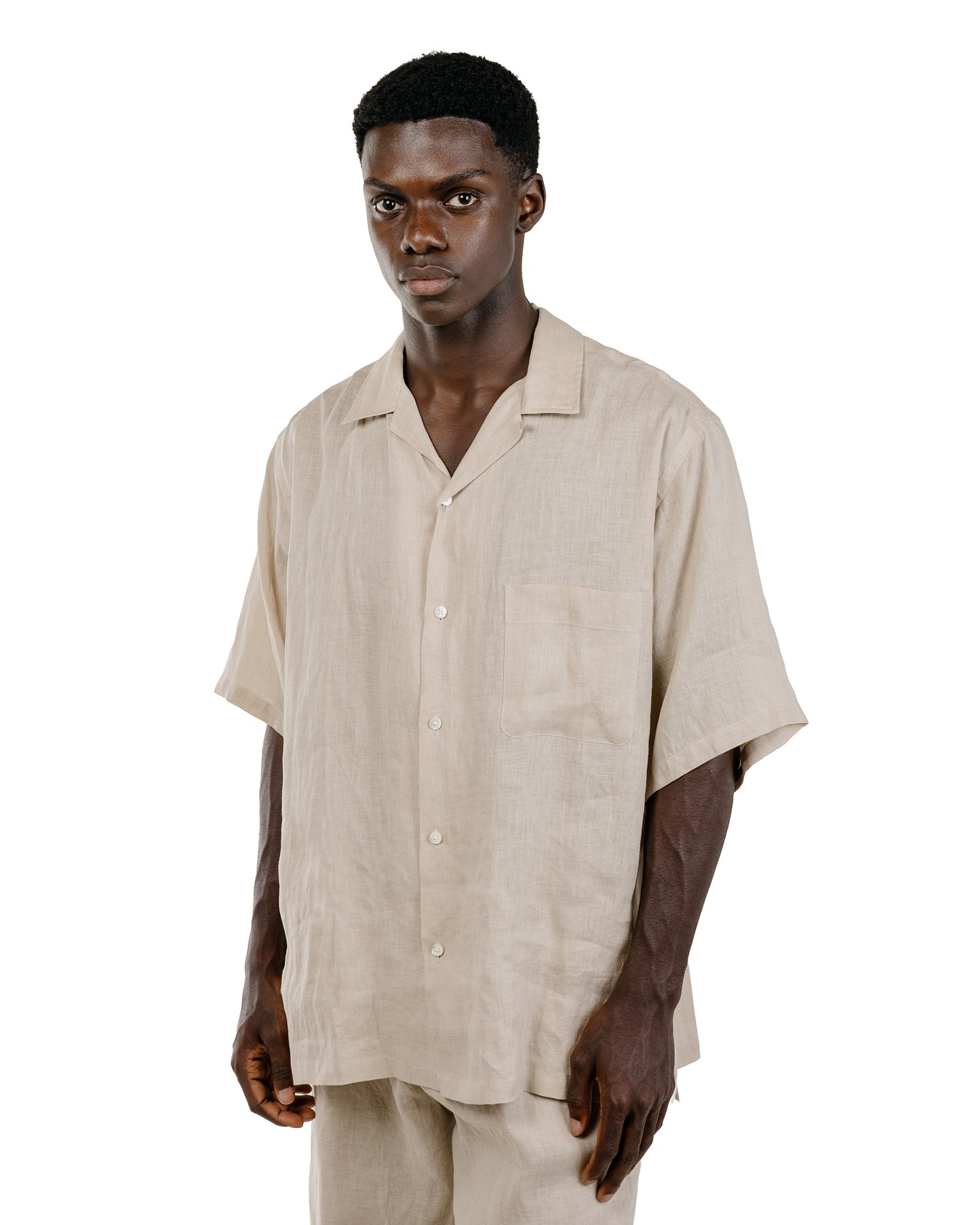 MARKAWARE New Open Collar S/S Shirt Hemp Shirting Taupe