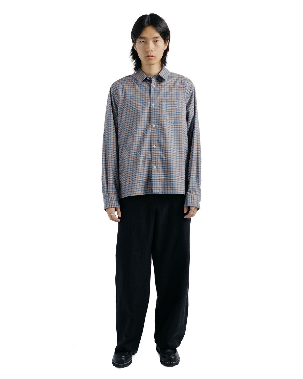 MARKAWARE Square Shirt Super 160s Shrink-Resistant Wool Oxford Brown Check