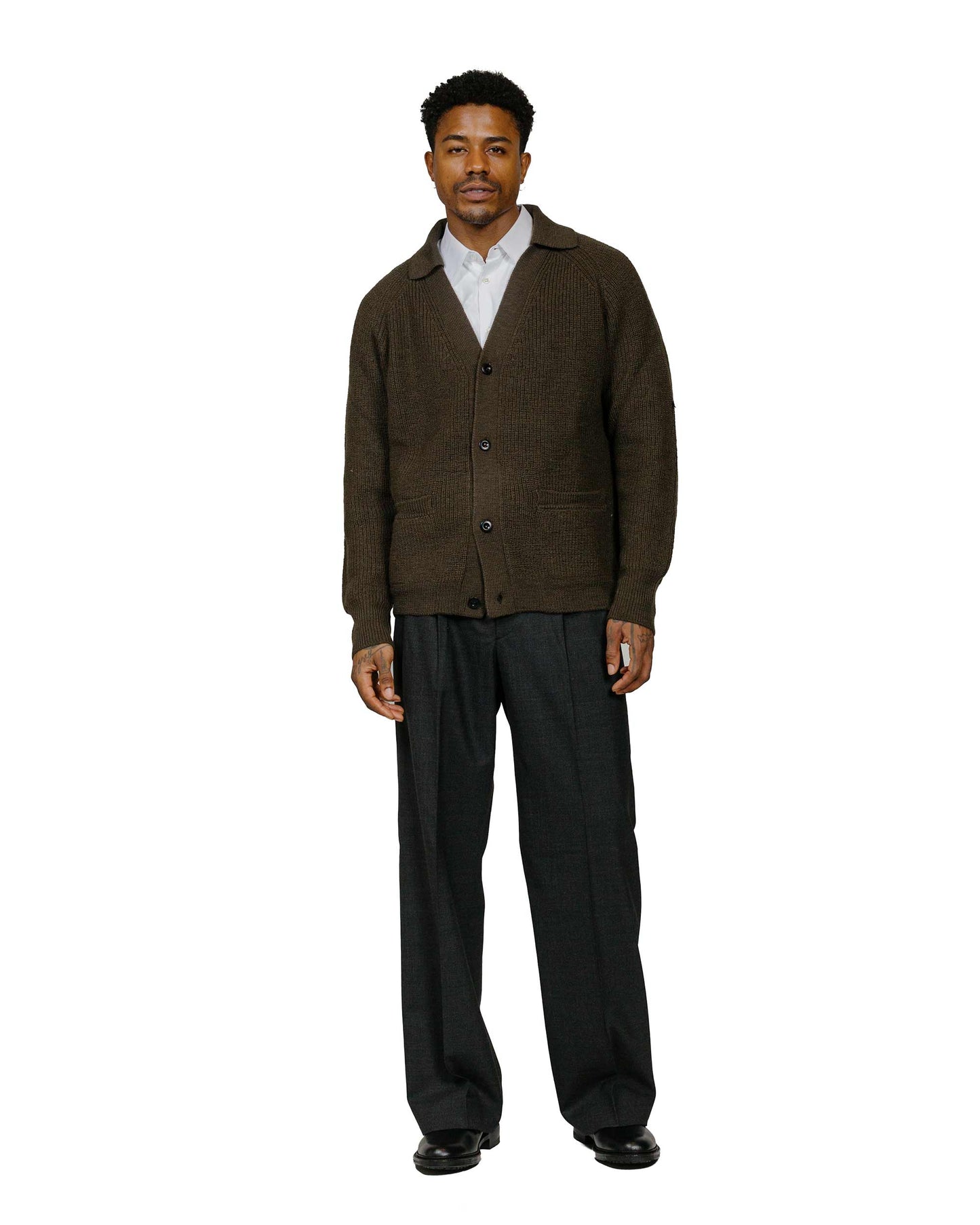 MHL Collared Cardigan Virgin Wool Dark Olive model full