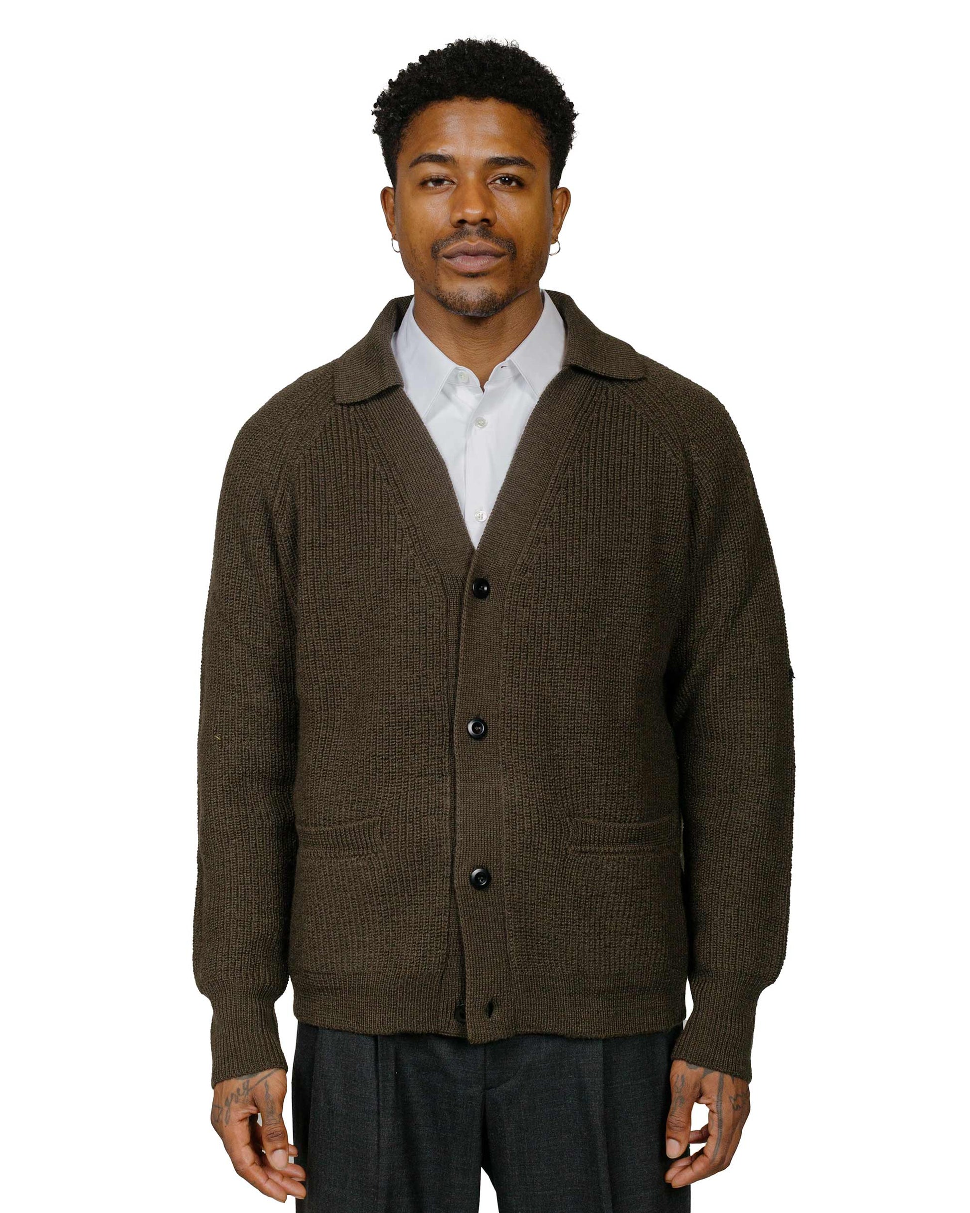 MHL Collared Cardigan Virgin Wool Dark Olive model front