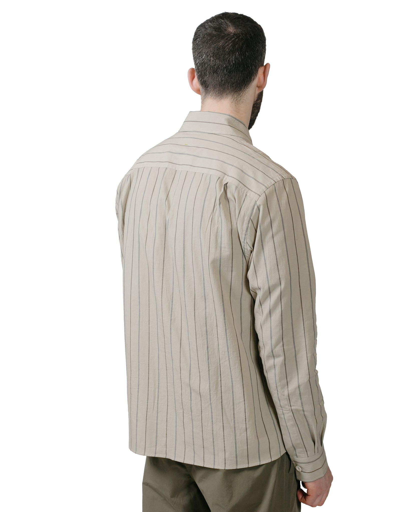 MHL Overall Shirt Wide Stripe Cotton Linen StoneNavyBark back