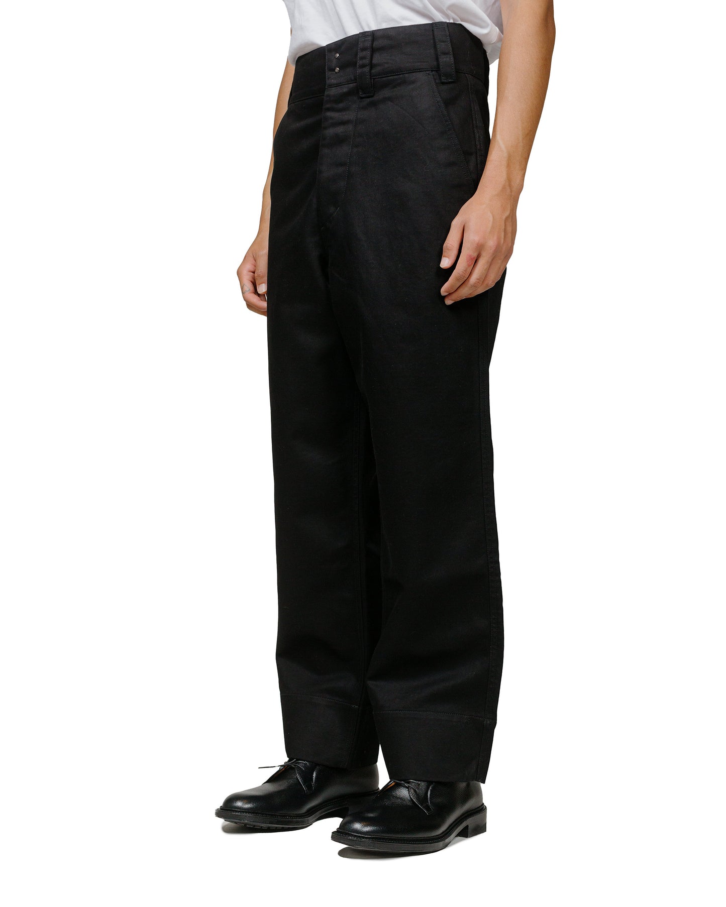 MHL Wide Waistband Trouser Matt Cotton Drill Off Black model front