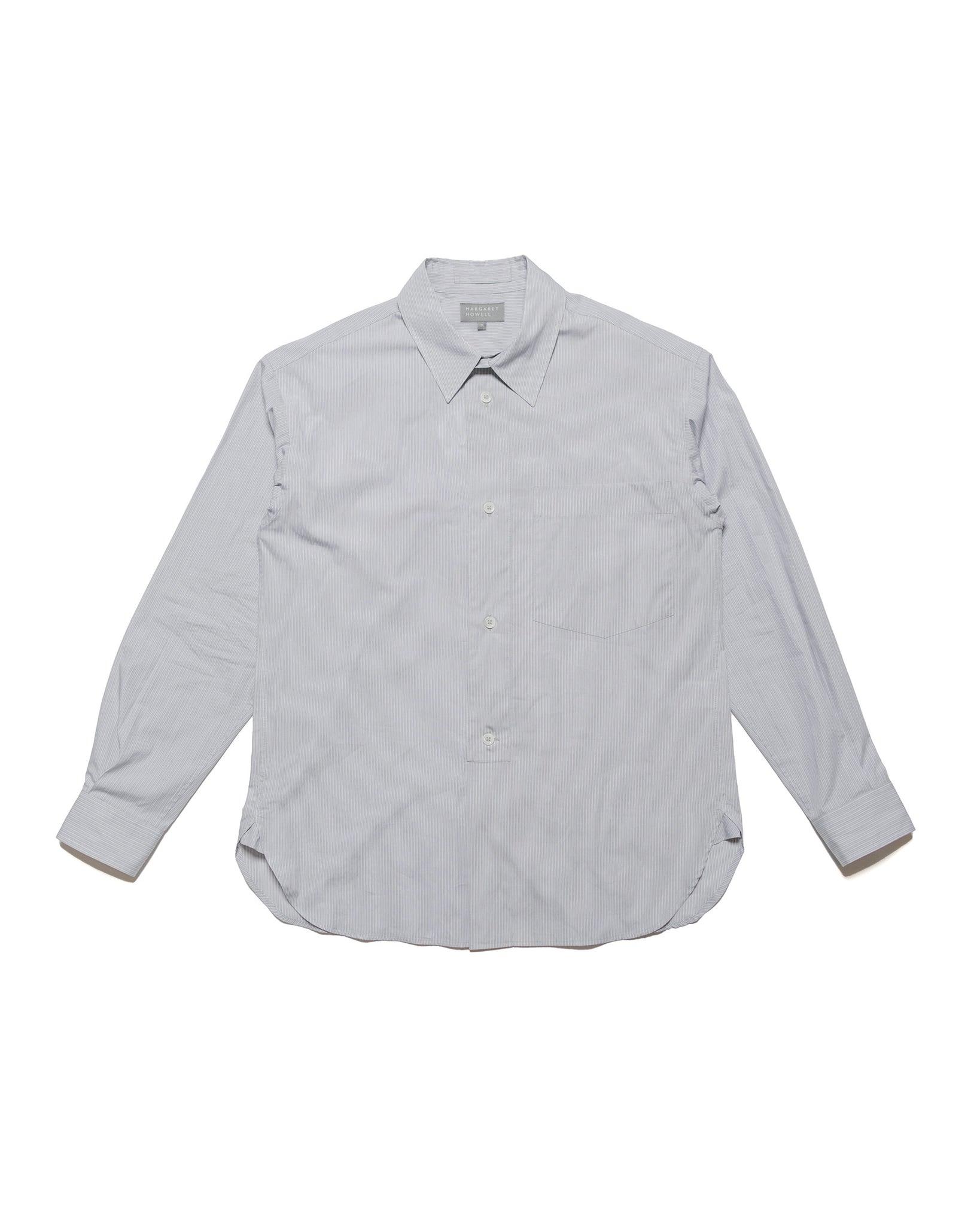 Margaret Howell Half Placket Shirt Fine Stripe Cotton Poplin Grey/White
