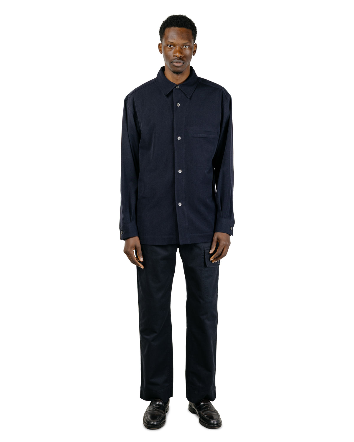 Margaret Howell Half Lined Shirt Brushed Fluid Wool Twill Navy