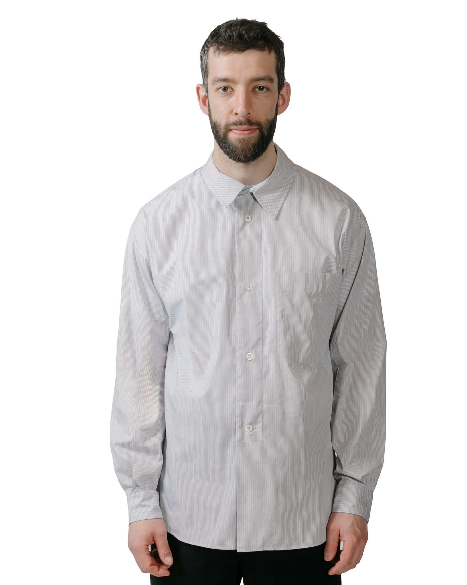 Margaret Howell Half Placket Shirt Fine Stripe Cotton Poplin Grey/White model front