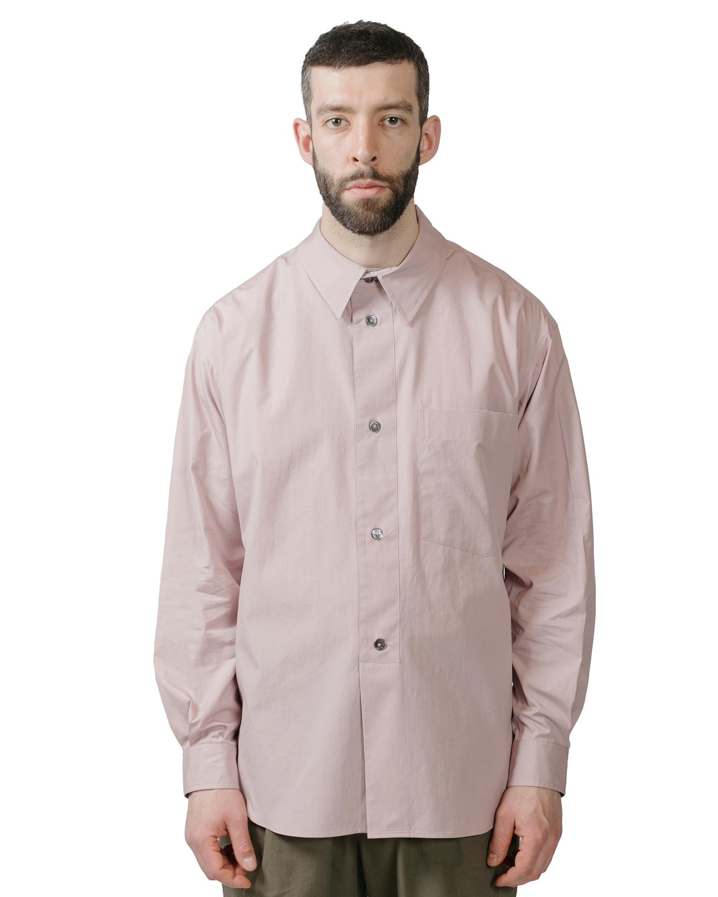 Margaret Howell Half Placket Shirt Paper Cotton Poplin Dusty Pink model front