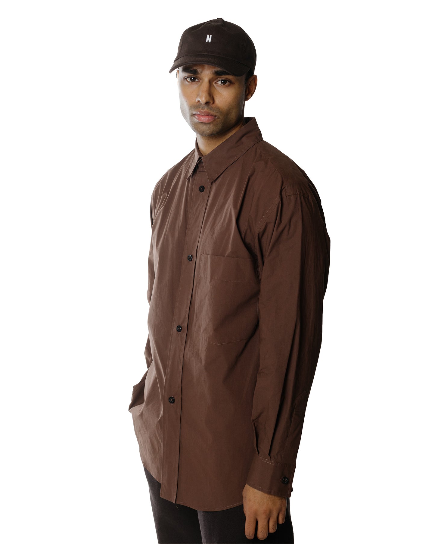 Margaret Howell Oversized Dress Shirt Matt Cotton Poplin Teak Model Front