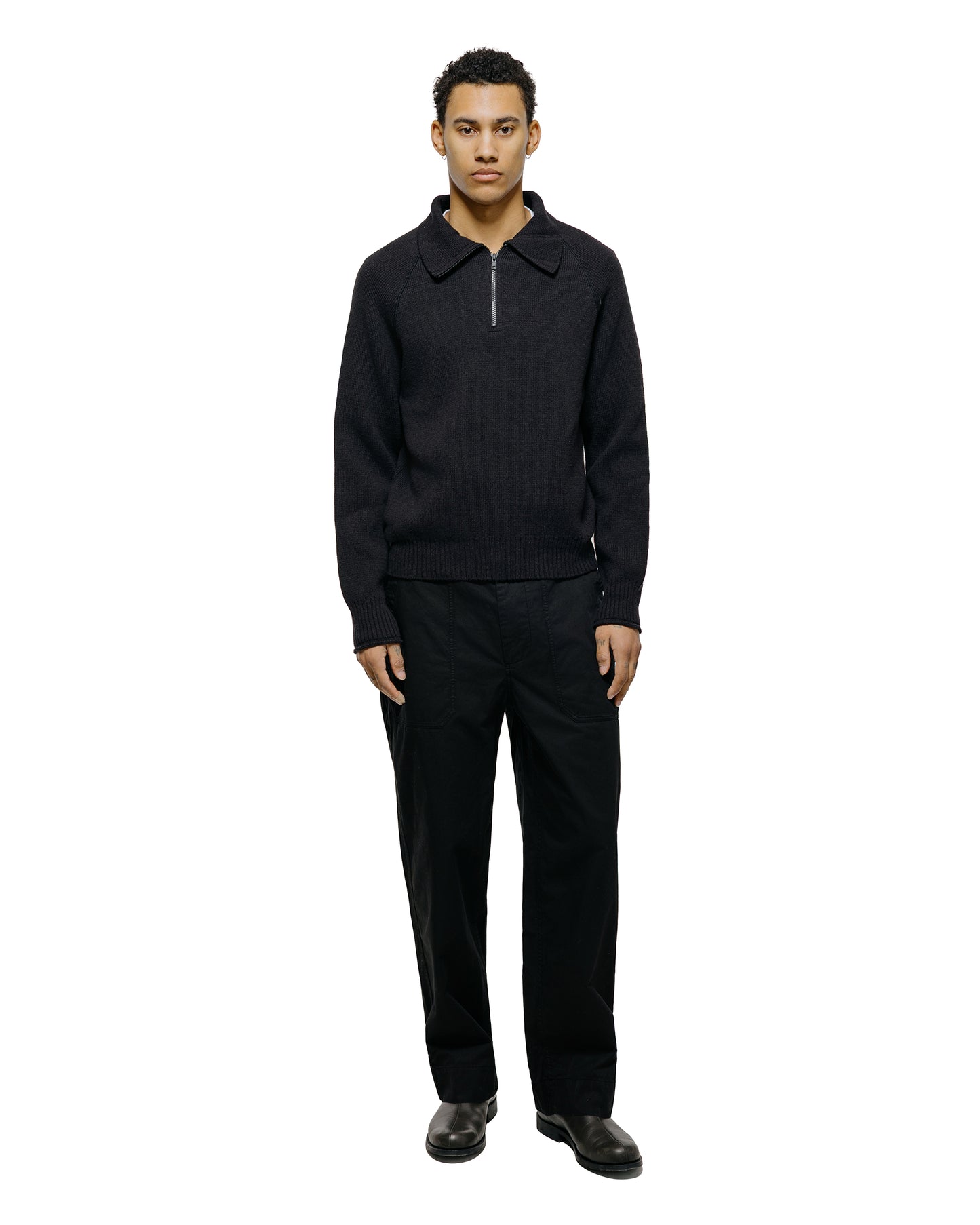 Margaret Howell Zip Up Polo Jumper Wool Cotton Black