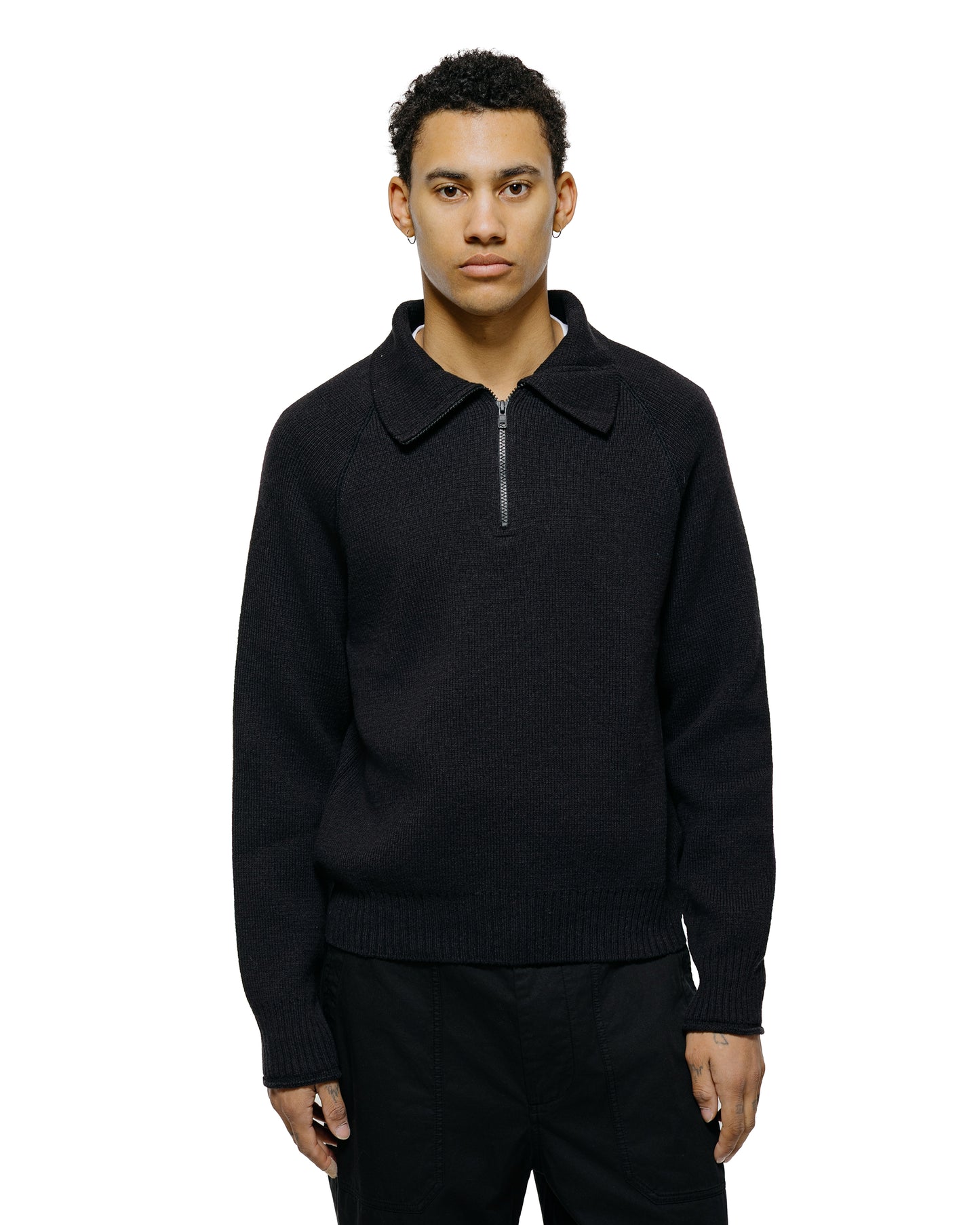 Margaret Howell Zip Up Polo Jumper Wool Cotton Black