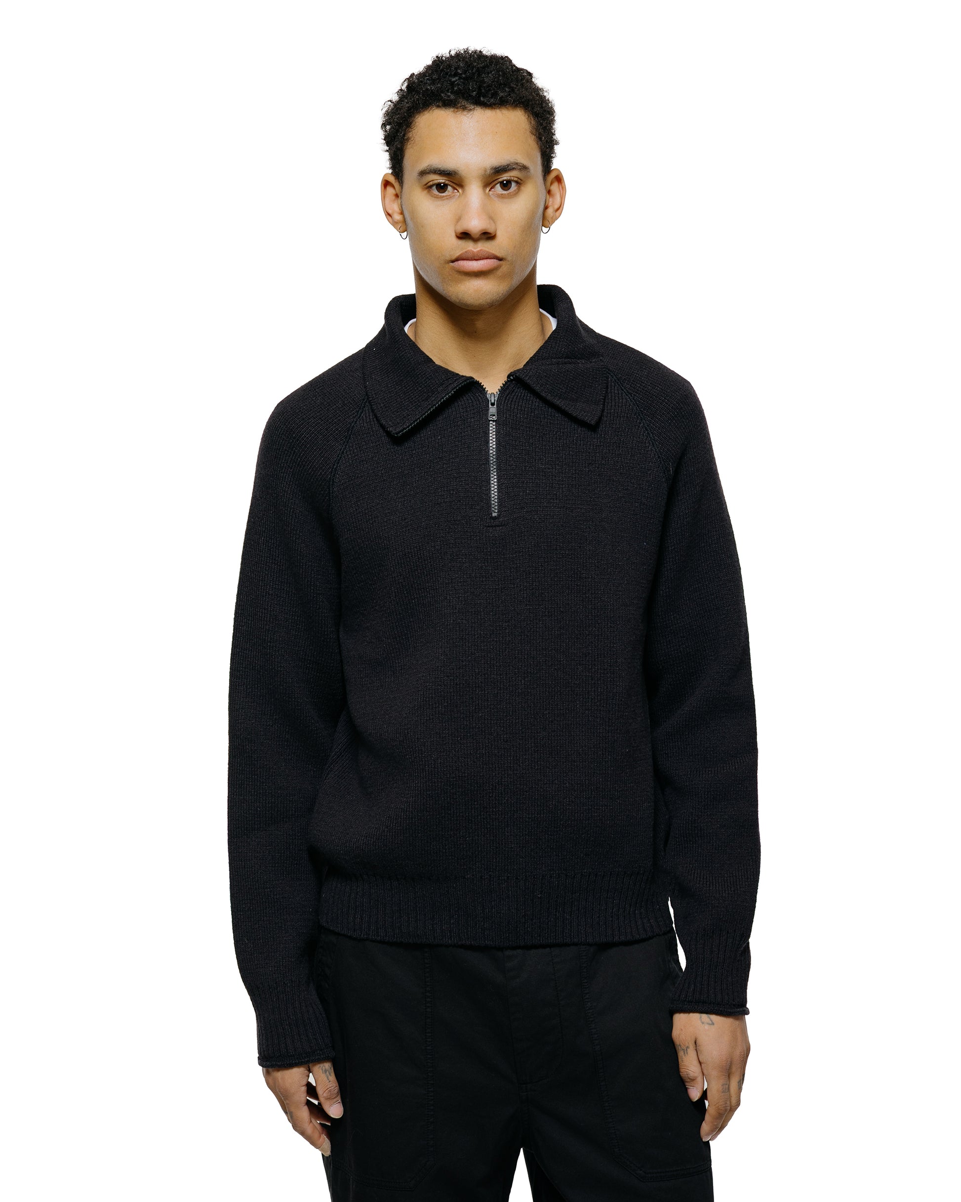 Margaret Howell Zip Up Polo Jumper Wool Cotton Black