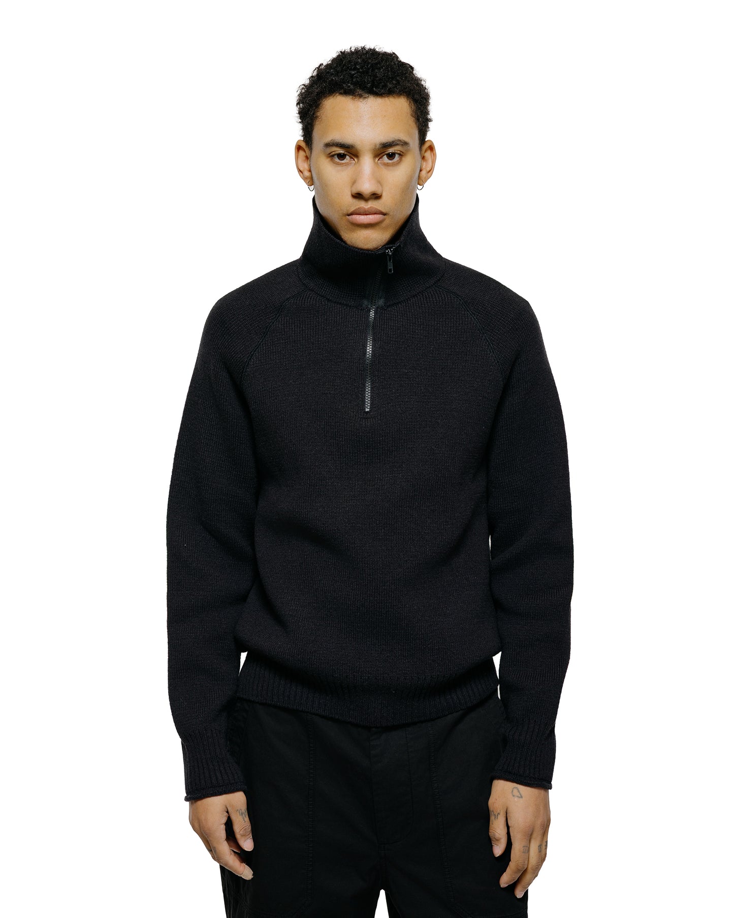 Margaret Howell Zip Up Polo Jumper Wool Cotton Black