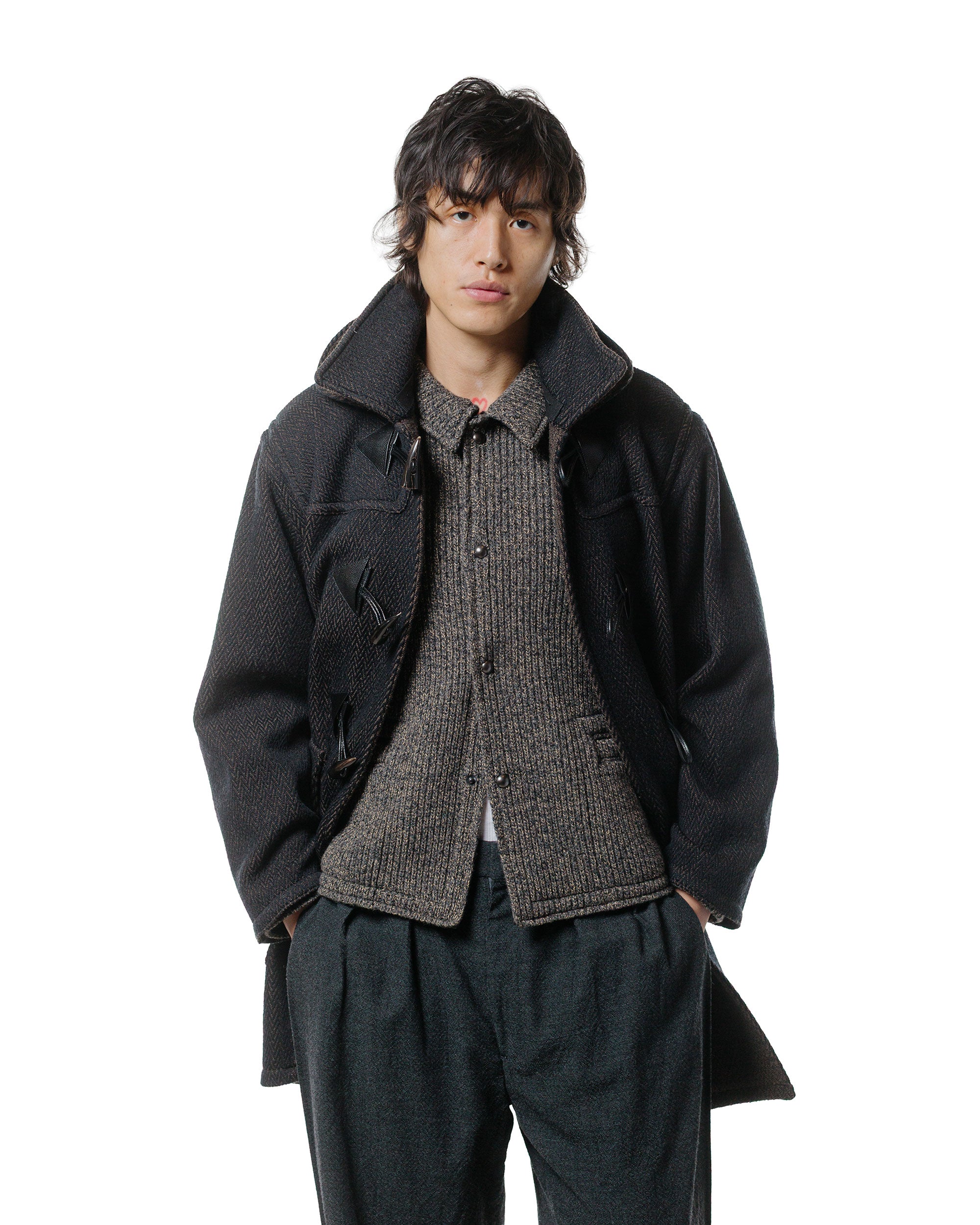 NICENESS H. Pierre Lily-Yarn Herringbone Reversible Duffle Coat Brown/