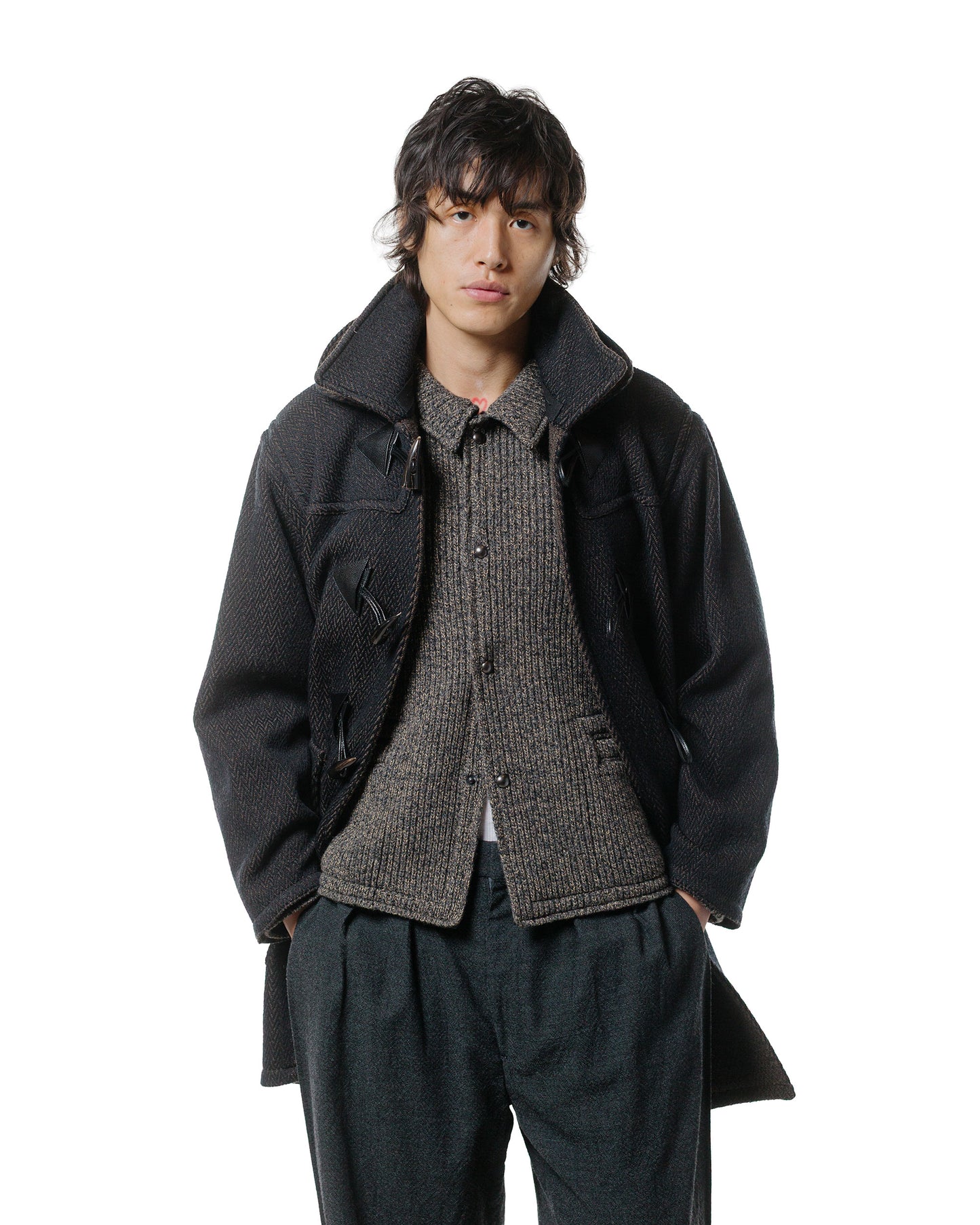 NICENESS H. Pierre Lily-Yarn Herringbone Reversible Duffle Coat BrownBlack