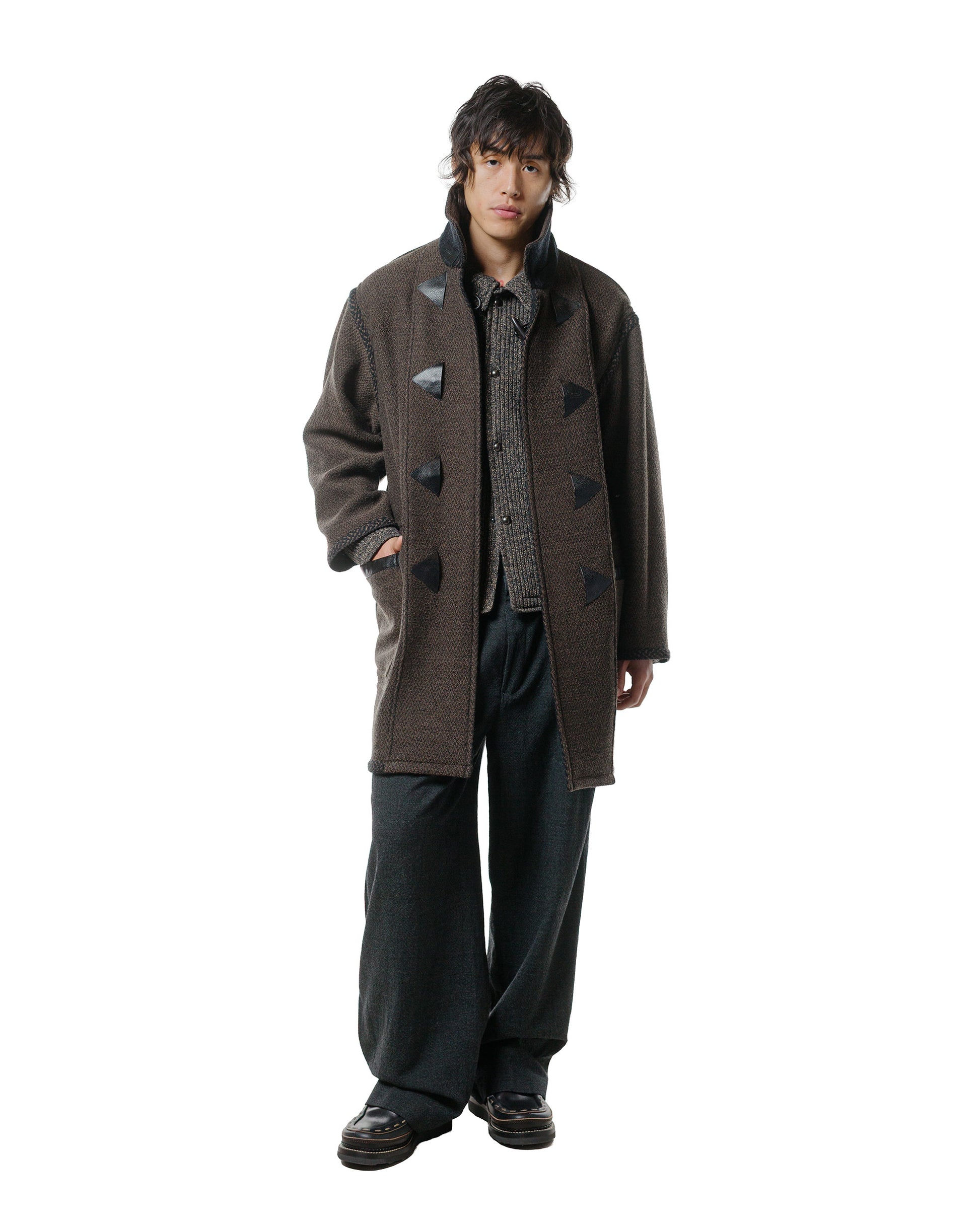 NICENESS H. Pierre Lily-Yarn Herringbone Reversible Duffle Coat BrownBlack