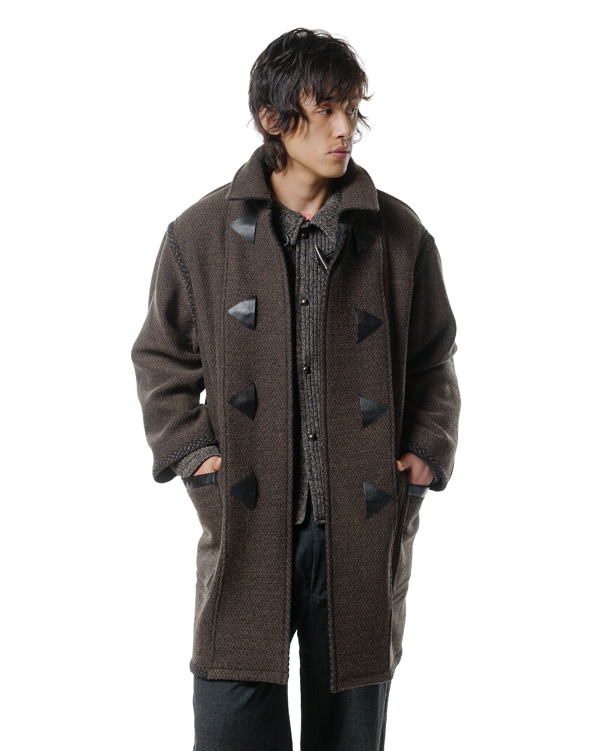 NICENESS H. Pierre Lily-Yarn Herringbone Reversible Duffle Coat BrownBlack