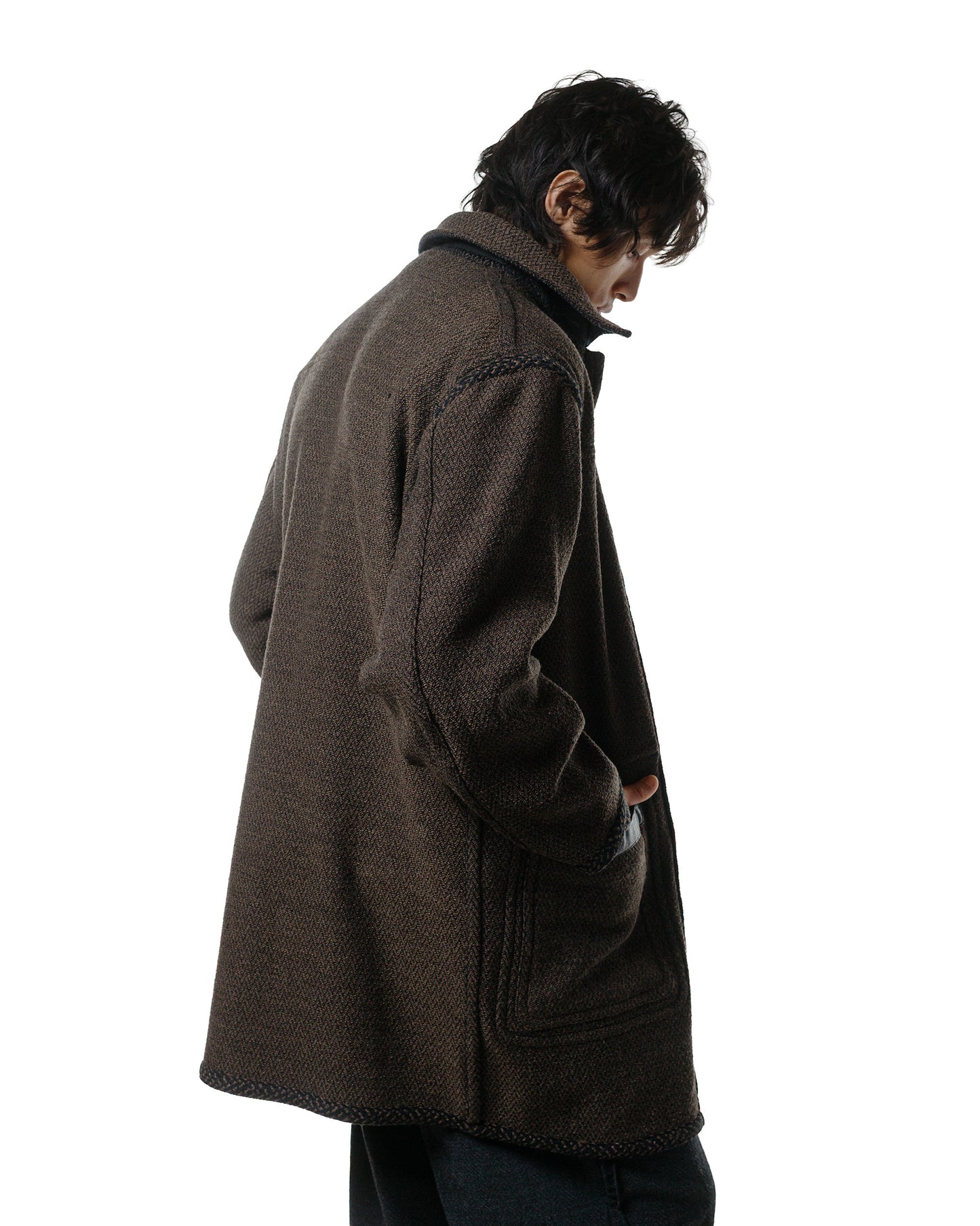 NICENESS H. Pierre Lily-Yarn Herringbone Reversible Duffle Coat BrownBlack