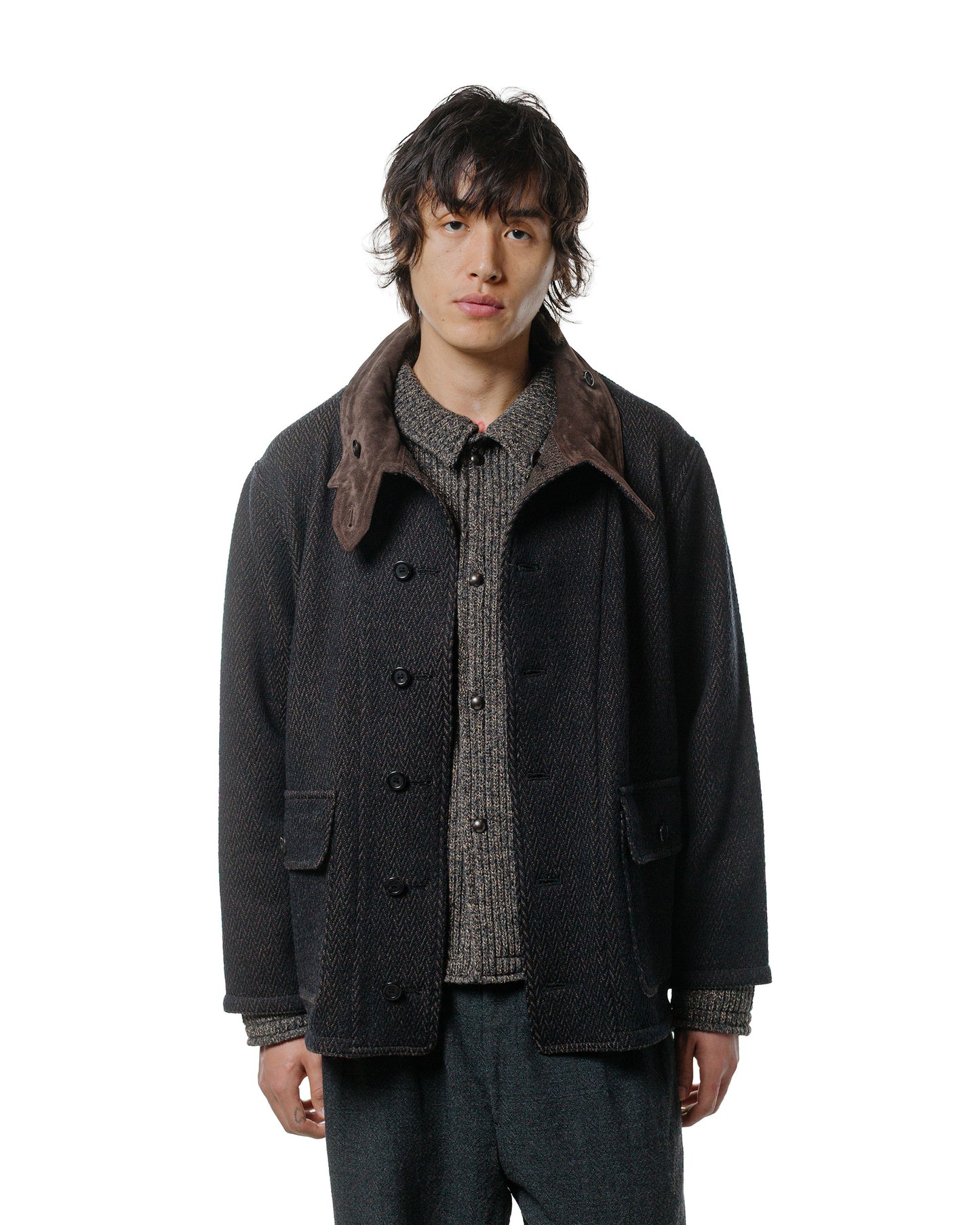 NICENESS H.Tweedy Lily-Yarn Herringbone Reversible Marine Jacket BlackBrown