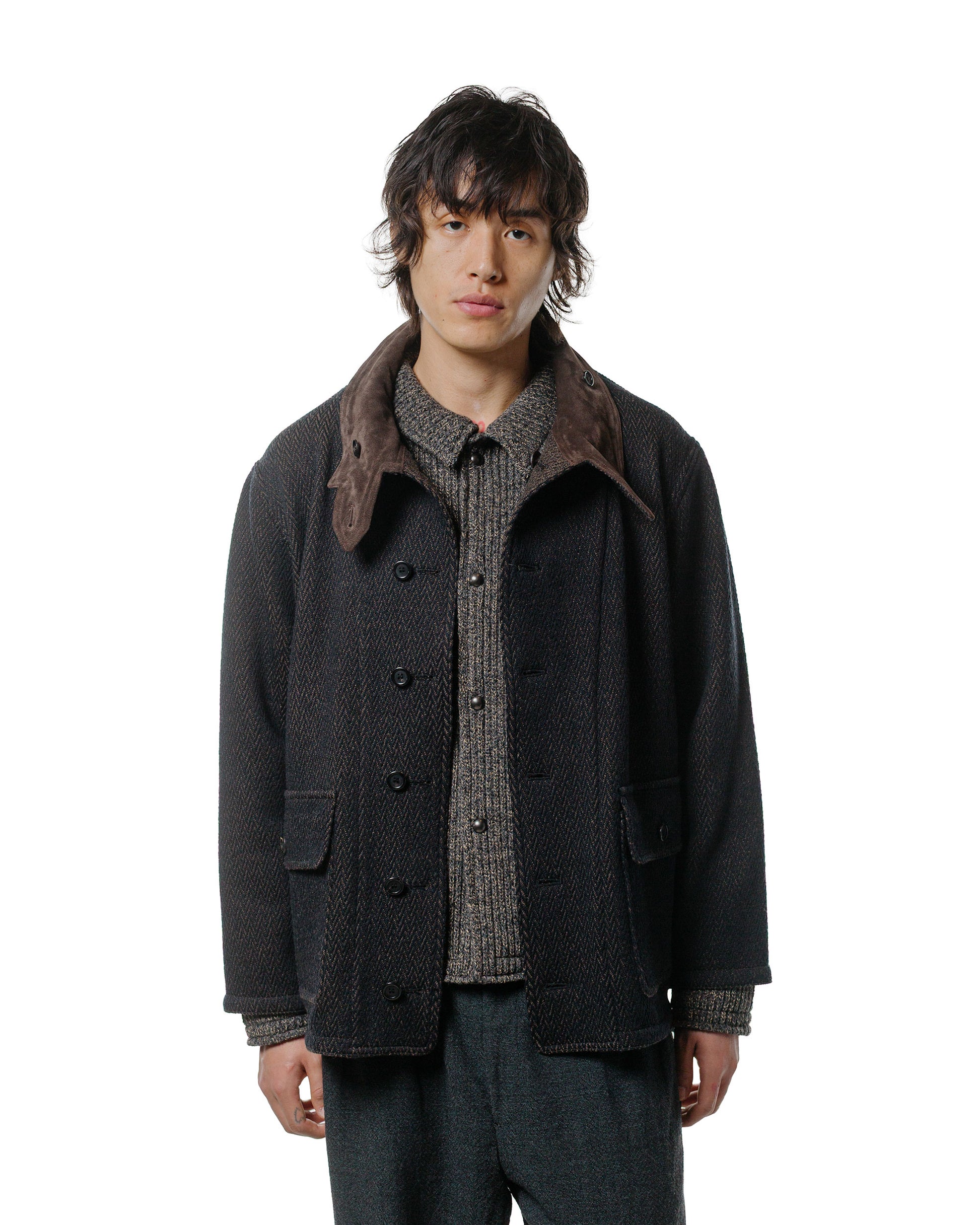 NICENESS H.Tweedy Lily-Yarn Herringbone Reversible Marine Jacket BlackBrown