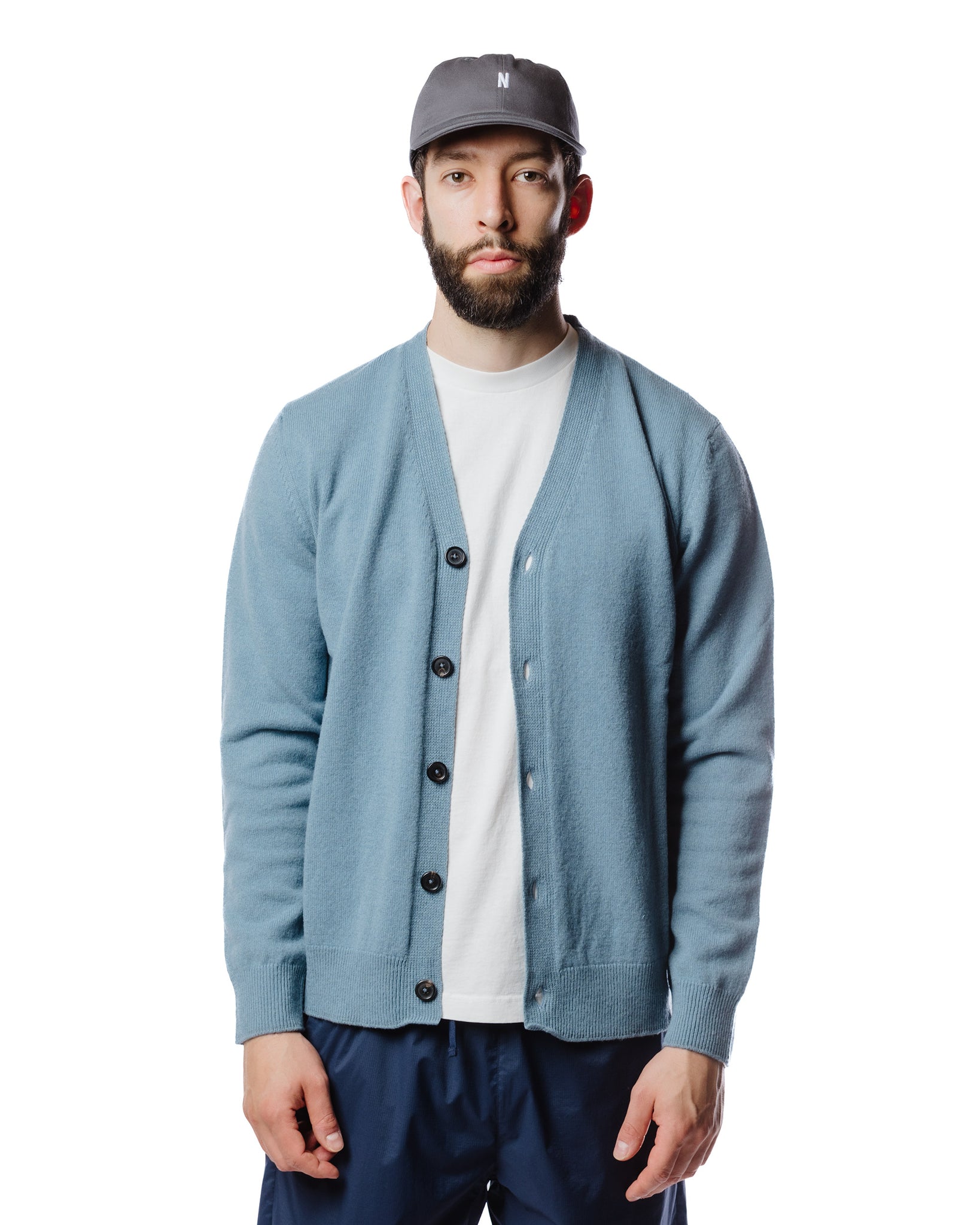 Norse Projects Adam Lambswool Cardigan Light Stone Blue Model Front