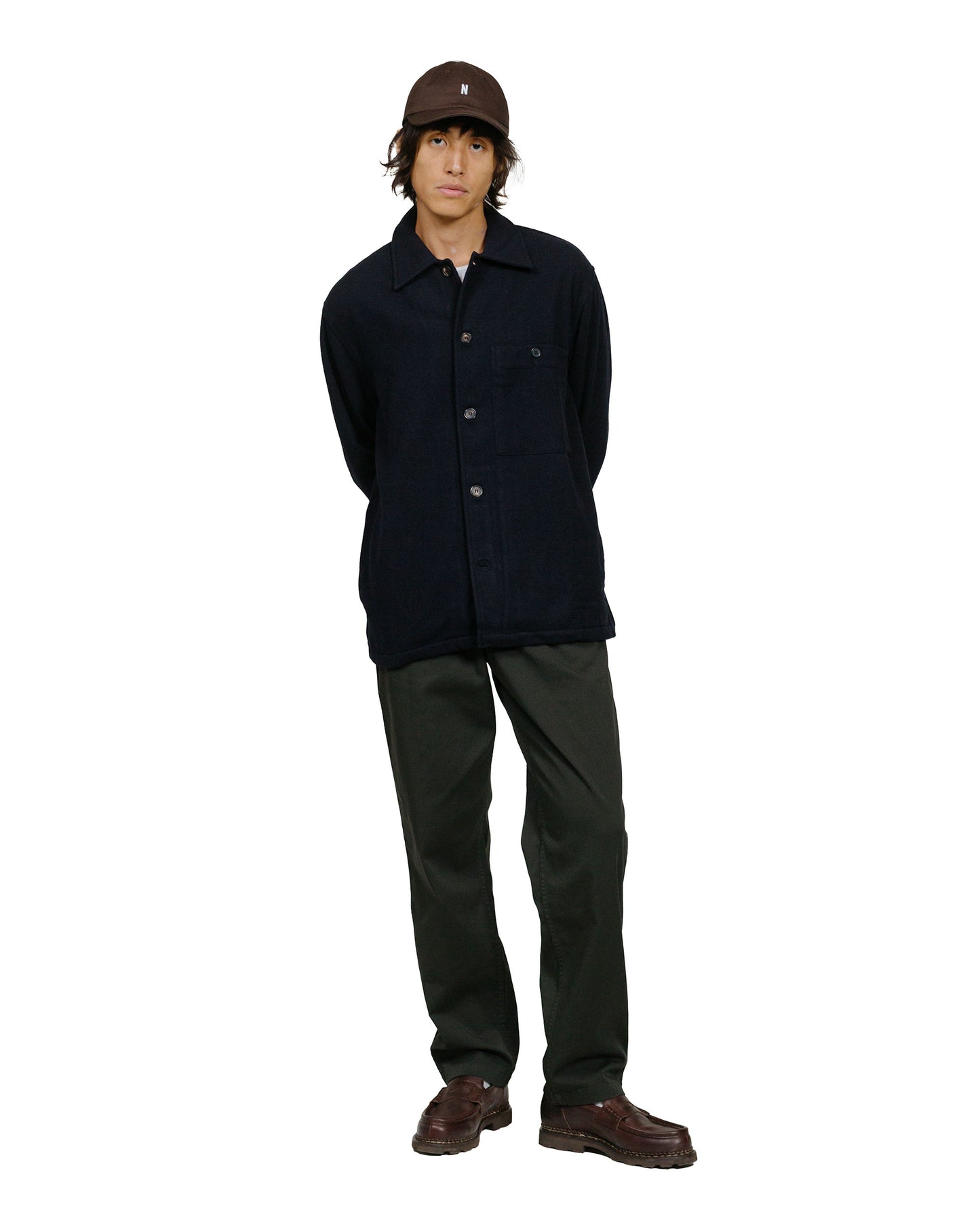 Norse Projects Folk Wool Overshirt Dark Navy model full