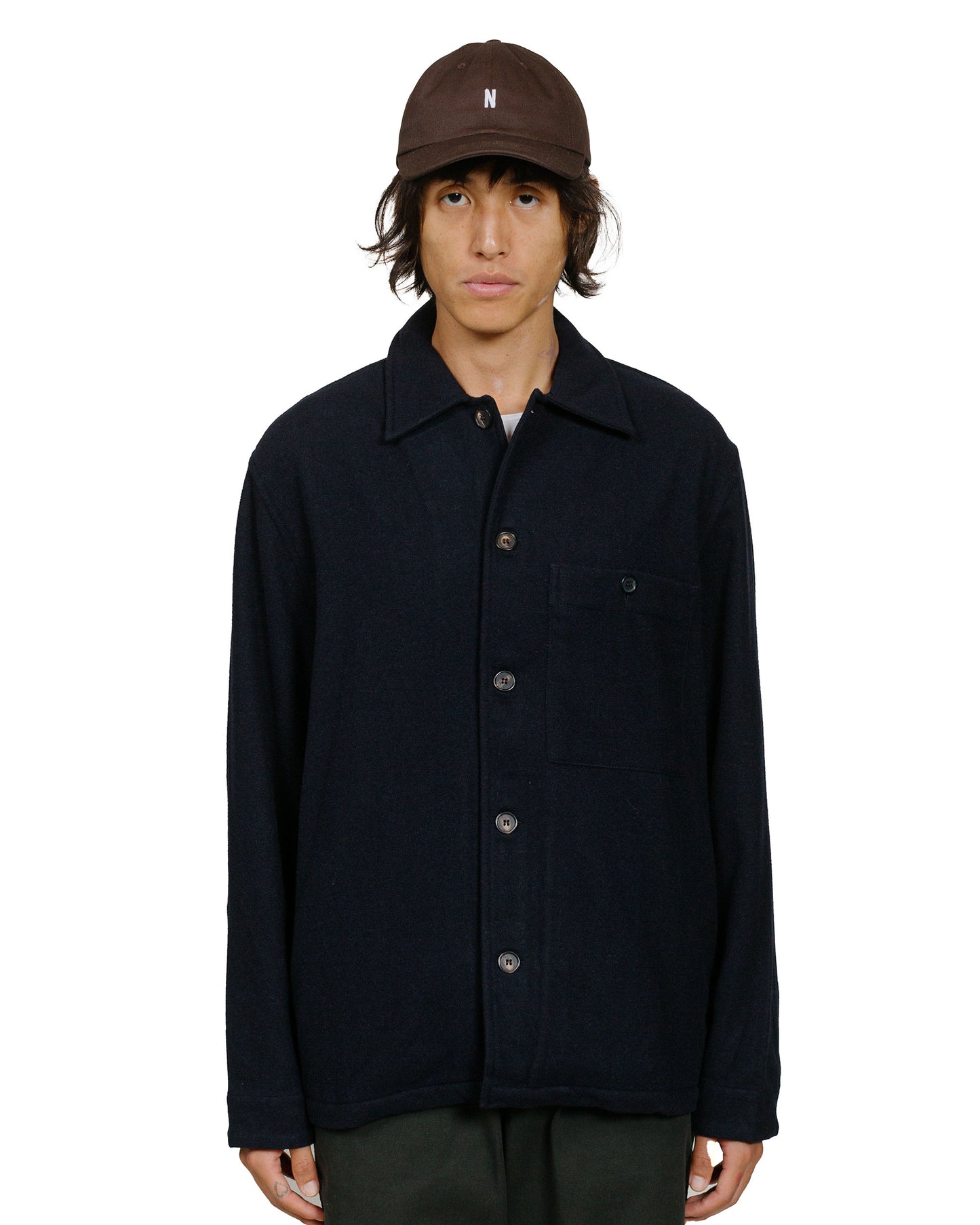 Norse Projects Folk Wool Overshirt Dark Navy model front