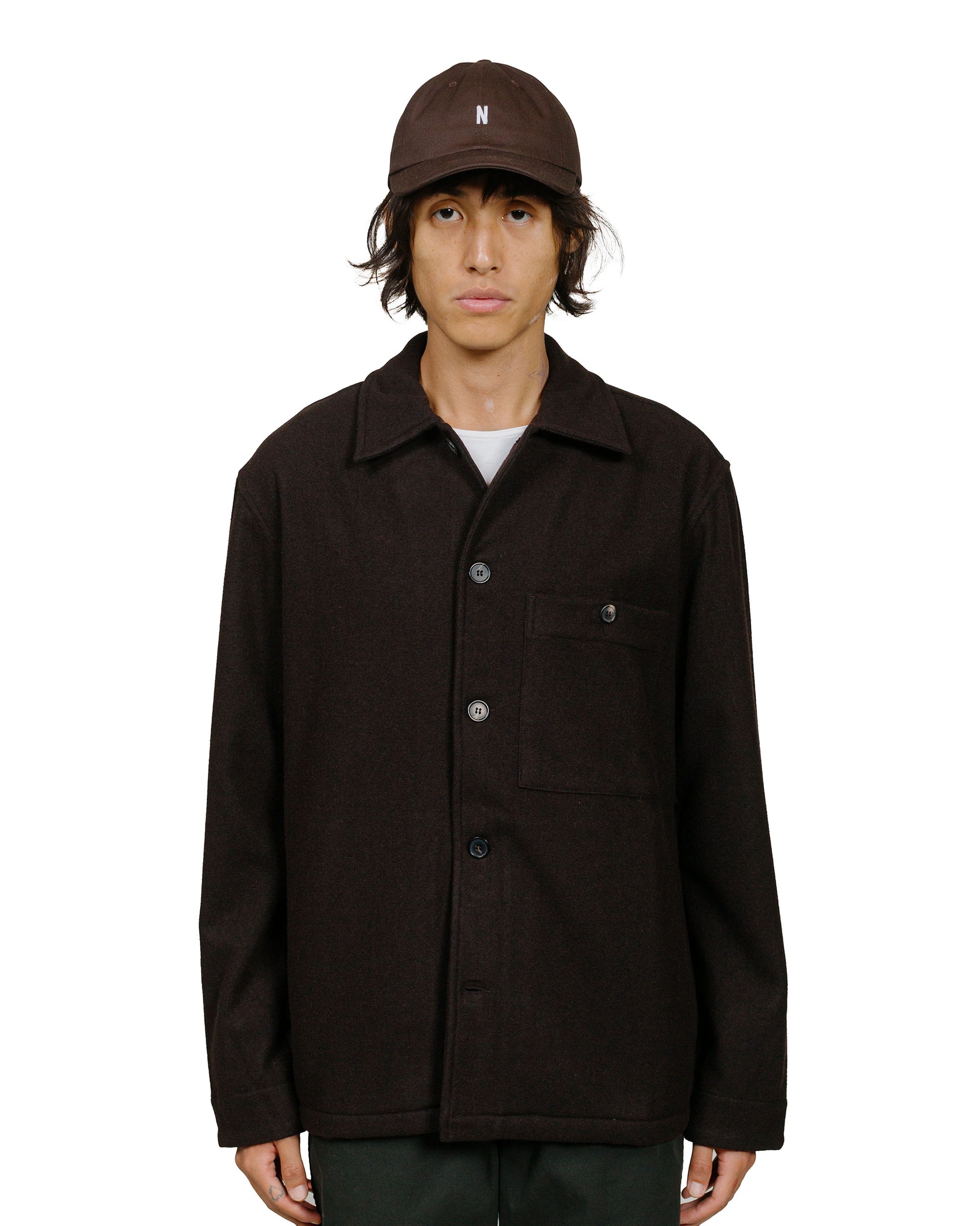 Norse Projects Folk Wool Overshirt Espresso model front