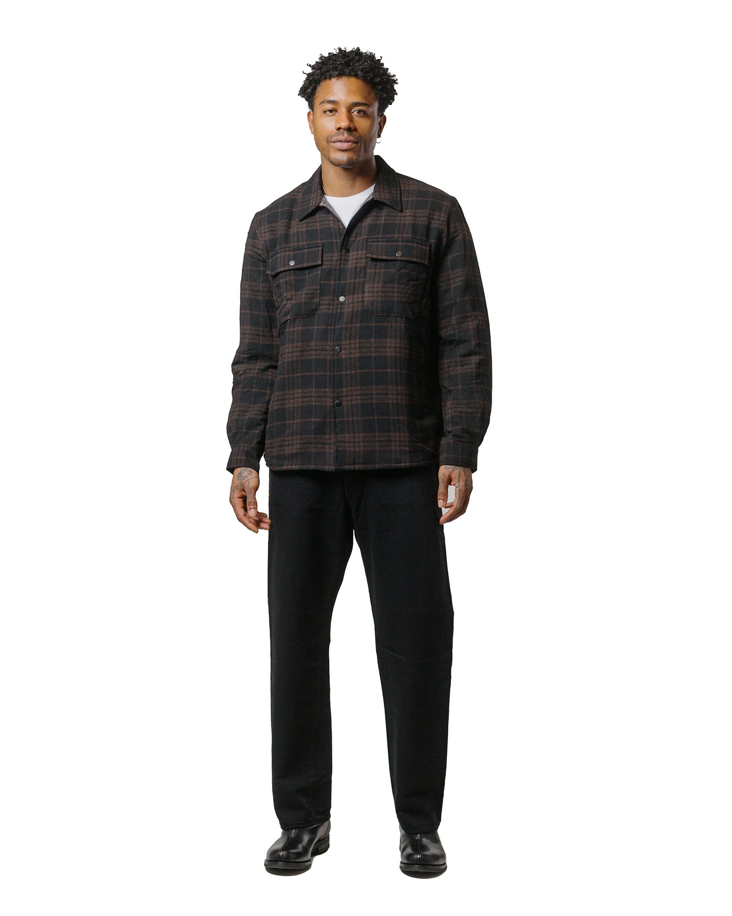 Norse Projects Hjalmer Insulated Wool Check Overshirt Espresso model full