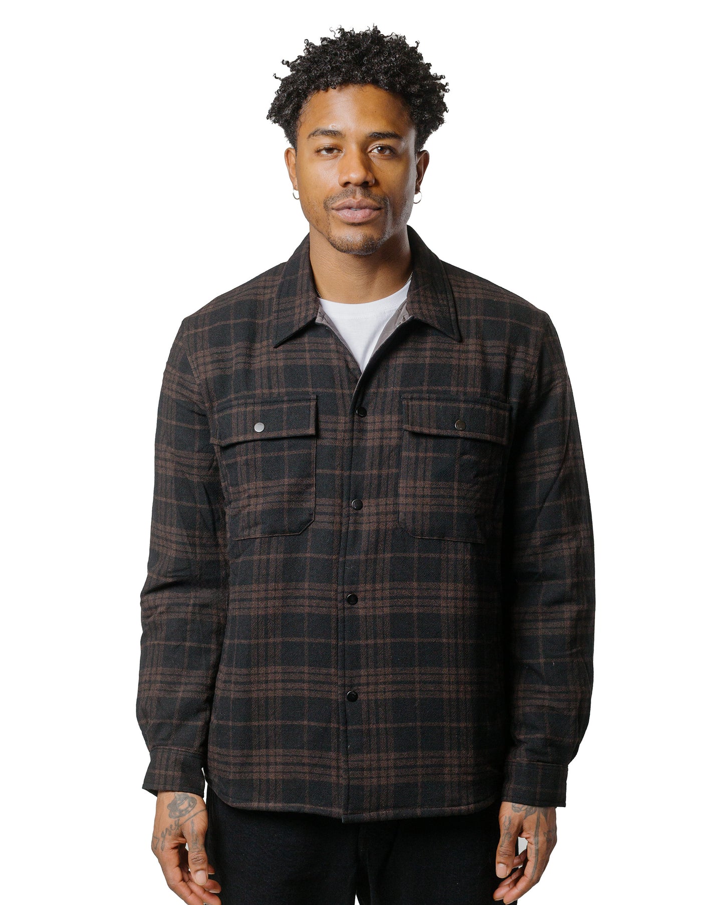 Norse Projects Hjalmer Insulated Wool Check Overshirt Espresso model front