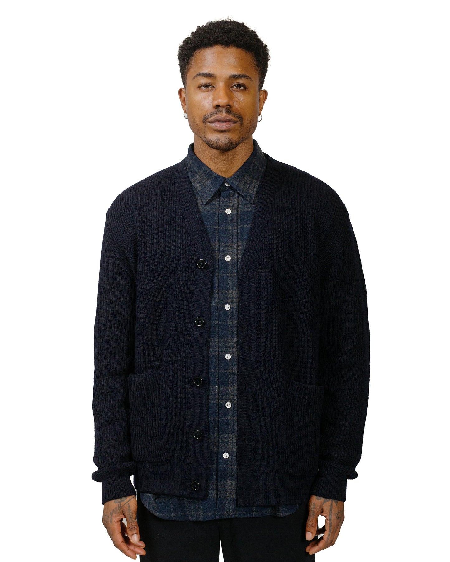 Norse Projects Loki Wool Cotton Rib Cardigan Dark Navy model front