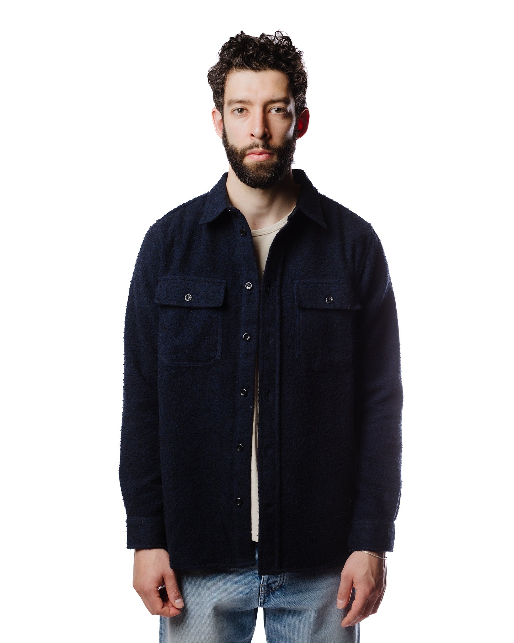 Norse Projects Silas Textured Cotton Wool Overshirt Dark Navy Model Front