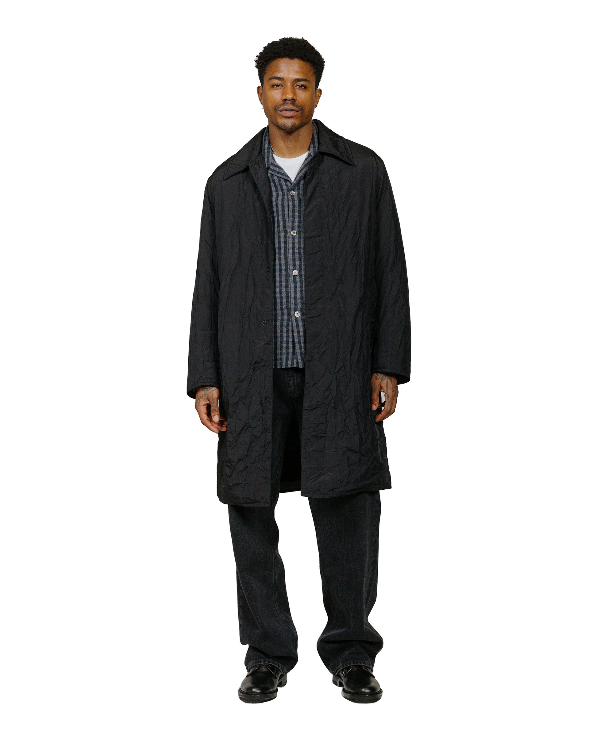 Our Legacy Blithe Coat Shining Black Crinkle Solaro model front