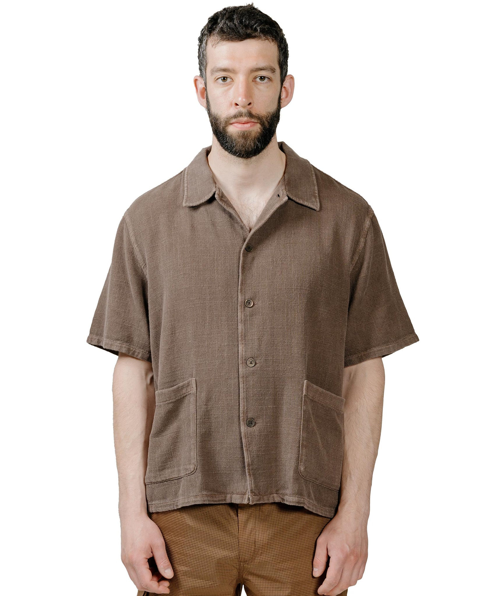 Our Legacy Elder Shirt Shortsleeve Brown Sparse Panama model front