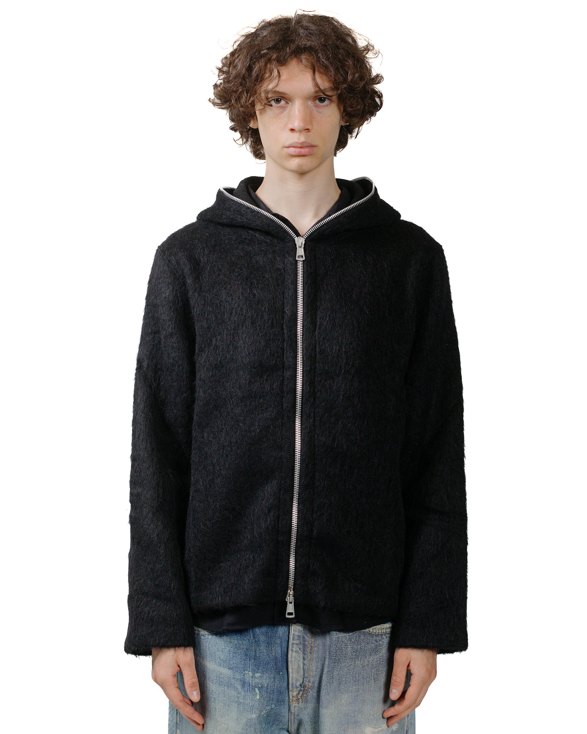 Our Legacy Full Zip Hood Black Hairy Wool model front