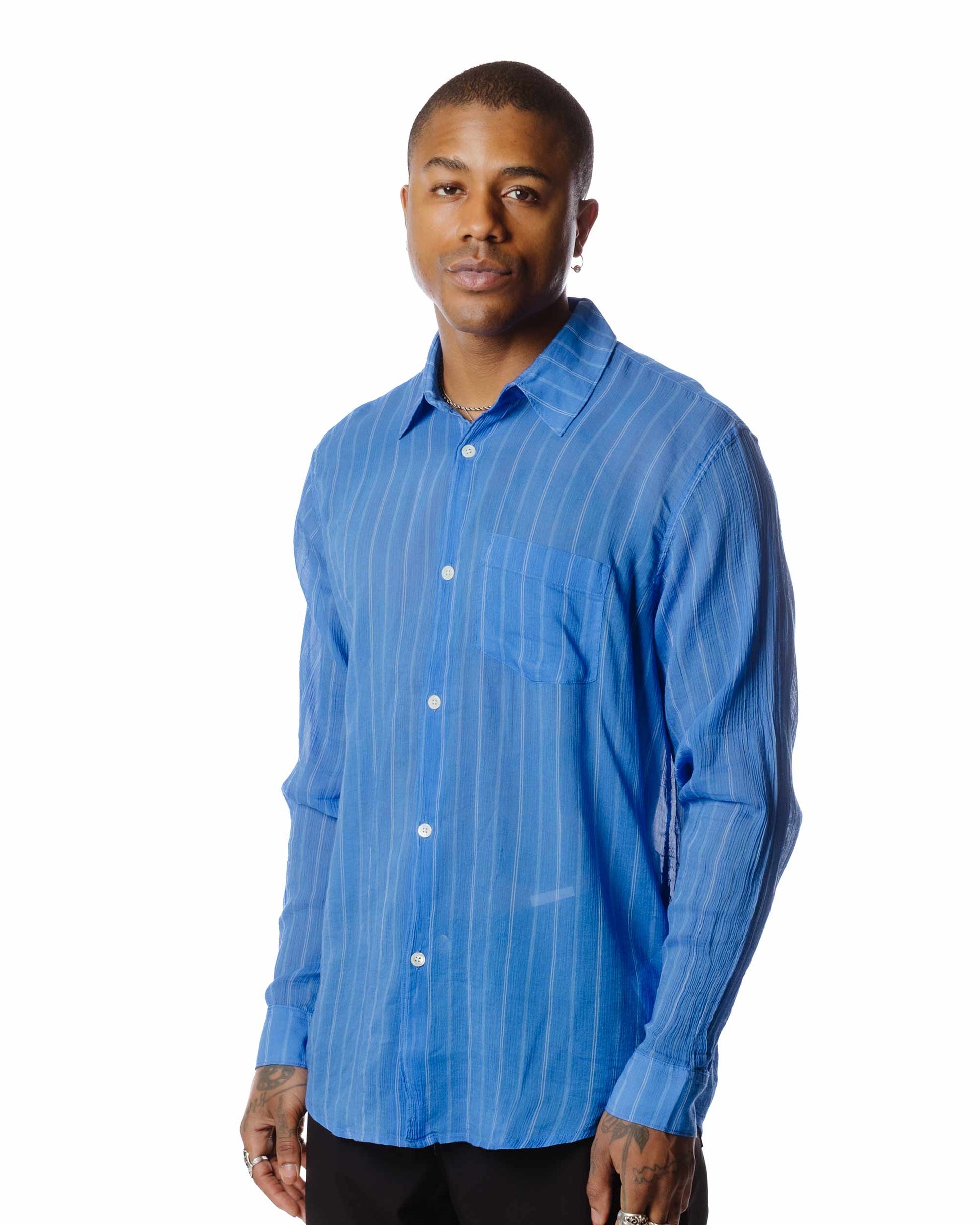 Our Legacy Initial Shirt Blue Rayon Plait Stripe Close