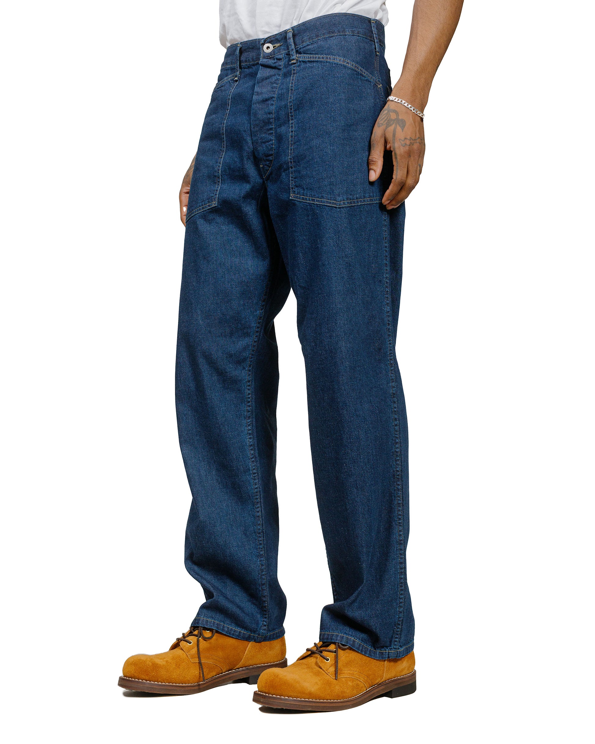 Post O'Alls Army Pants Blue Denim wOD Yellow Stitch Indigo front model